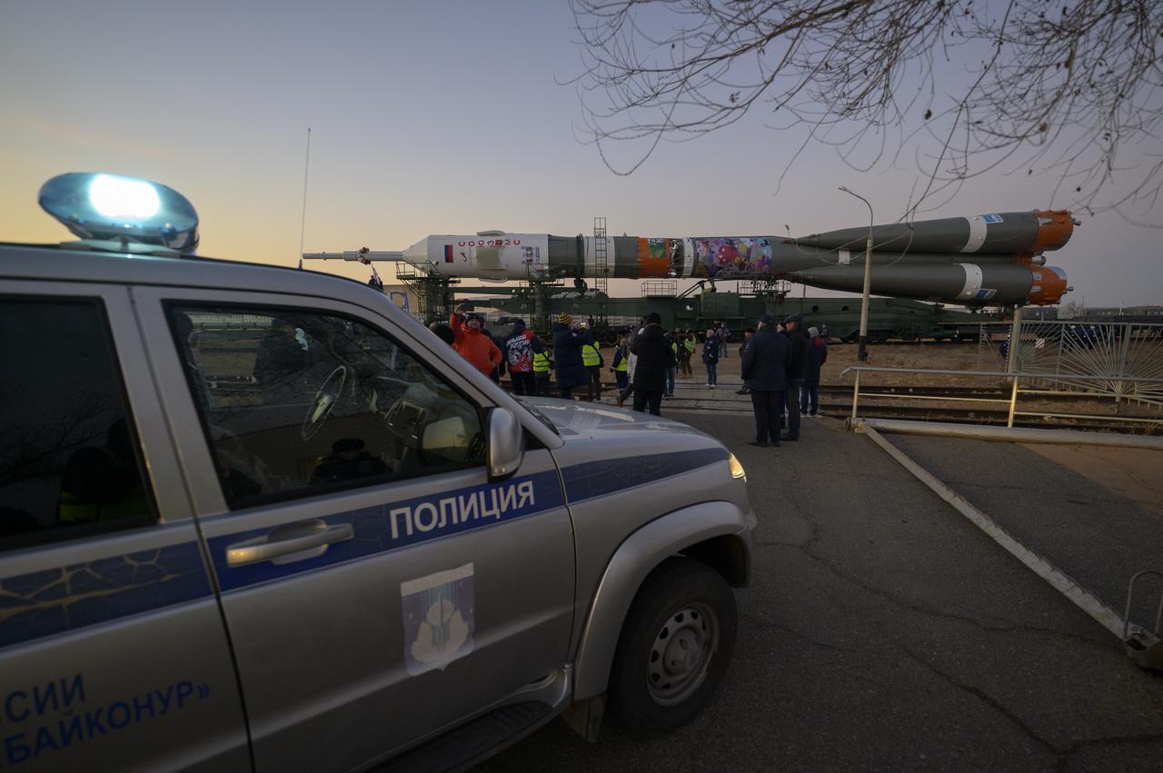 The Soyuz rocket is rolled out by train to the launch pad, Monday, Nov. 24, 2025, at Site 31 of the Baikonur Cosmodrome in Kazakhstan. Expedition 74 crewmembers: NASA astronaut Chris Williams, Roscosmos cosmonauts Sergey Kud-Sverchkov and Sergey Mikaev are scheduled to launch aboard their Soyuz MS-28 spacecraft on November 27. Photo Credit: (NASA/Bill Ingalls)