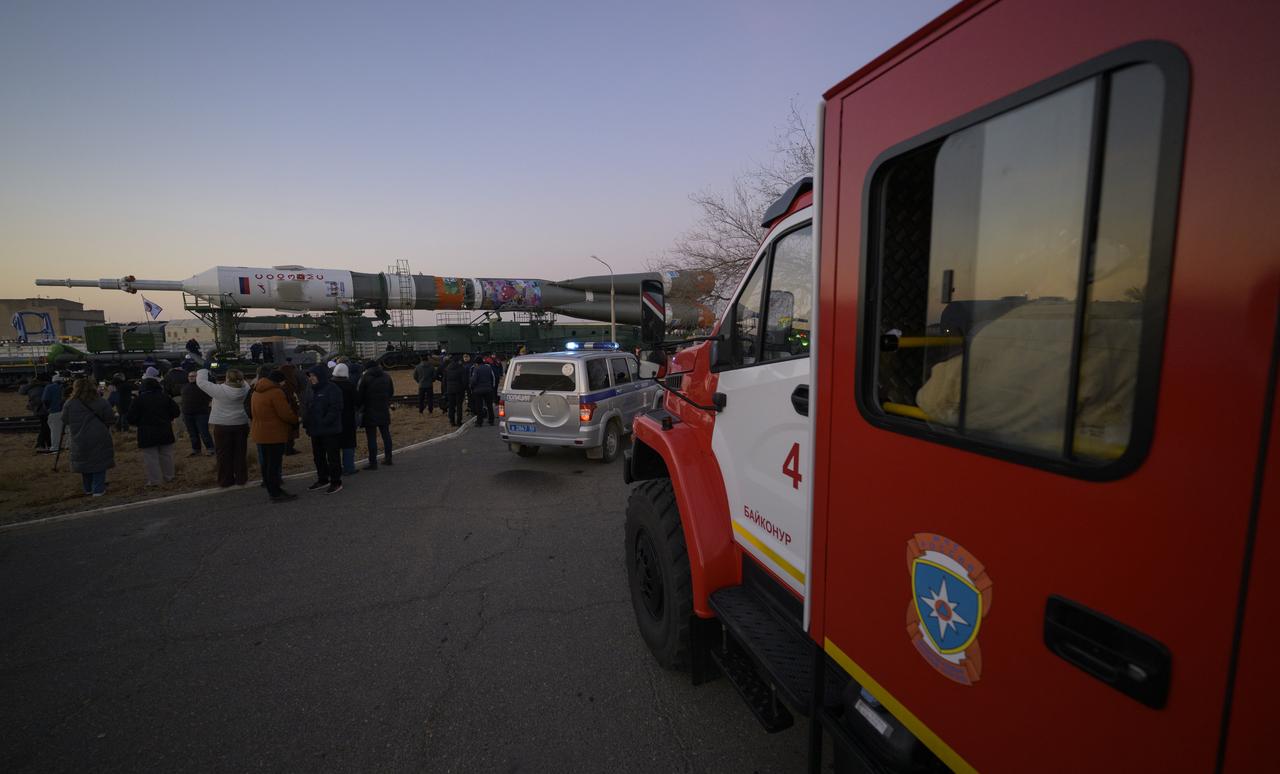 The Soyuz rocket is rolled out by train to the launch pad, Monday, Nov. 24, 2025, at Site 31 of the Baikonur Cosmodrome in Kazakhstan. Expedition 74 crewmembers: NASA astronaut Chris Williams, Roscosmos cosmonauts Sergey Kud-Sverchkov and Sergey Mikaev are scheduled to launch aboard their Soyuz MS-28 spacecraft on November 27. Photo Credit: (NASA/Bill Ingalls)