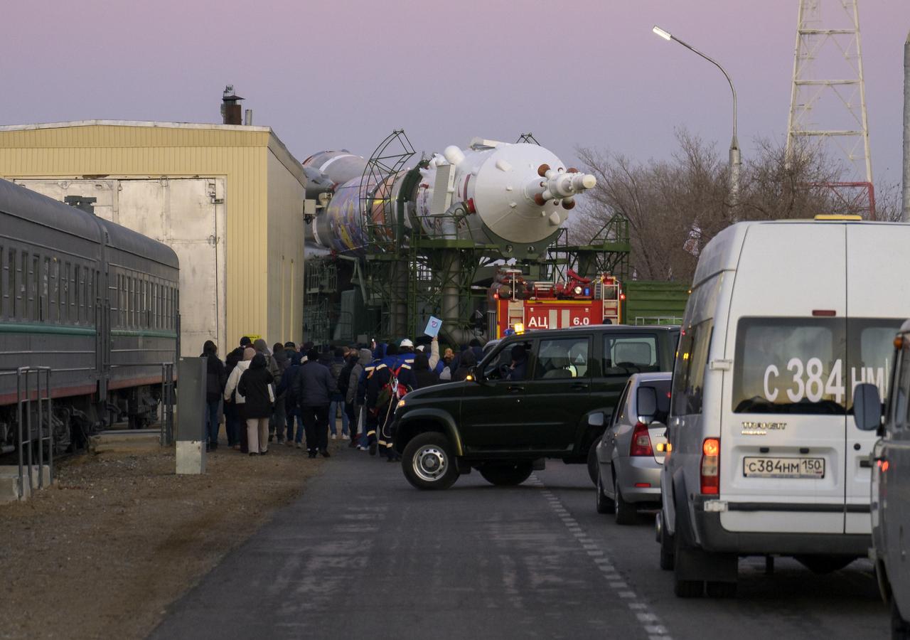 The Soyuz rocket is rolled out by train to the launch pad, Monday, Nov. 24, 2025, at Site 31 of the Baikonur Cosmodrome in Kazakhstan. Expedition 74 crewmembers: NASA astronaut Chris Williams, Roscosmos cosmonauts Sergey Kud-Sverchkov and Sergey Mikaev are scheduled to launch aboard their Soyuz MS-28 spacecraft on November 27. Photo Credit: (NASA/Bill Ingalls)