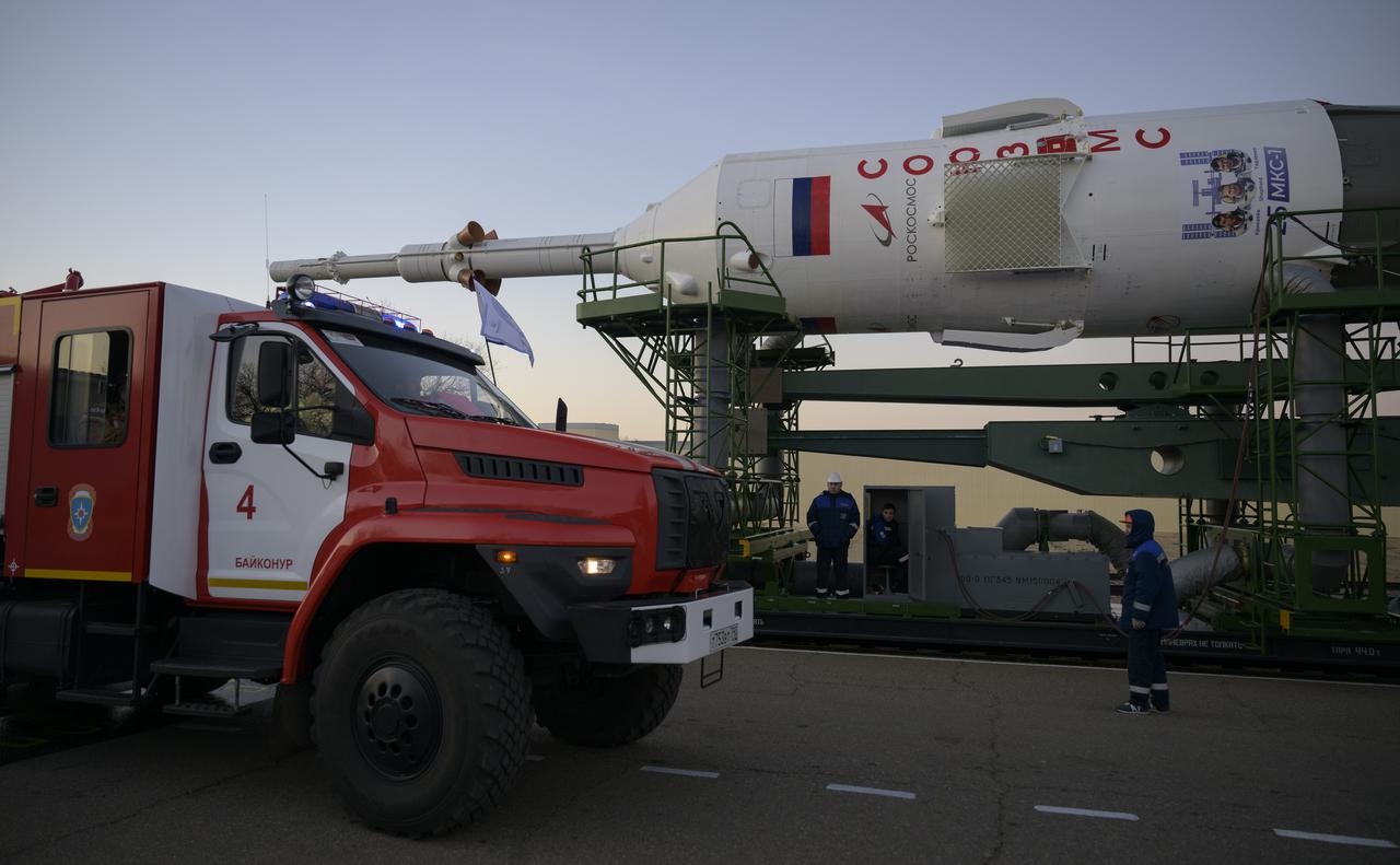 The Soyuz rocket is rolled out by train to the launch pad, Monday, Nov. 24, 2025, at Site 31 of the Baikonur Cosmodrome in Kazakhstan. Expedition 74 crewmembers: NASA astronaut Chris Williams, Roscosmos cosmonauts Sergey Kud-Sverchkov and Sergey Mikaev are scheduled to launch aboard their Soyuz MS-28 spacecraft on November 27. Photo Credit: (NASA/Bill Ingalls)