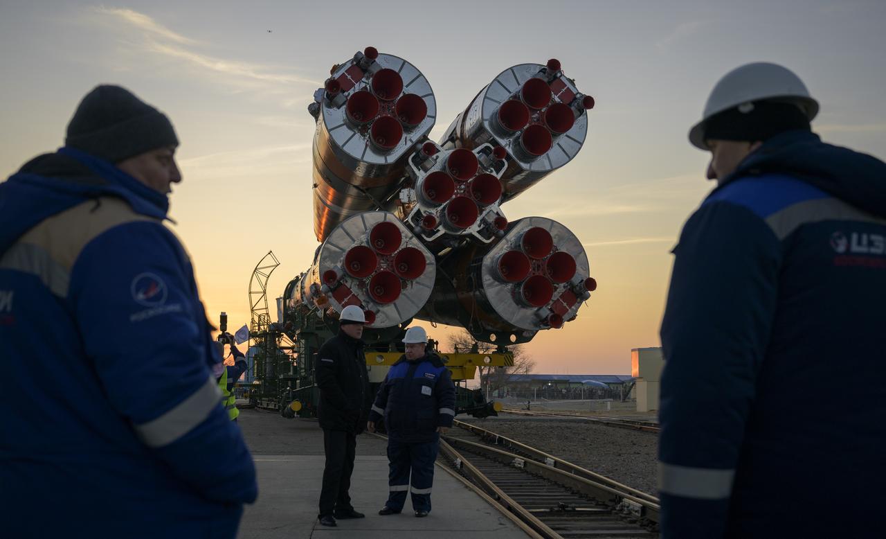 The Soyuz rocket is rolled out by train to the launch pad, Monday, Nov. 24, 2025, at Site 31 of the Baikonur Cosmodrome in Kazakhstan. Expedition 74 crewmembers: NASA astronaut Chris Williams, Roscosmos cosmonauts Sergey Kud-Sverchkov and Sergey Mikaev are scheduled to launch aboard their Soyuz MS-28 spacecraft on November 27. Photo Credit: (NASA/Bill Ingalls)