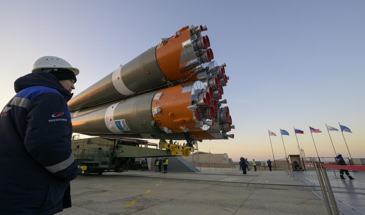 The Soyuz rocket is rolled out by train to the launch pad, Monday, Nov. 24, 2025, at Site 31 of the Baikonur Cosmodrome in Kazakhstan. Expedition 74 crewmembers: NASA astronaut Chris Williams, Roscosmos cosmonauts Sergey Kud-Sverchkov and Sergey Mikaev are scheduled to launch aboard their Soyuz MS-28 spacecraft on November 27. Photo Credit: (NASA/Bill Ingalls)