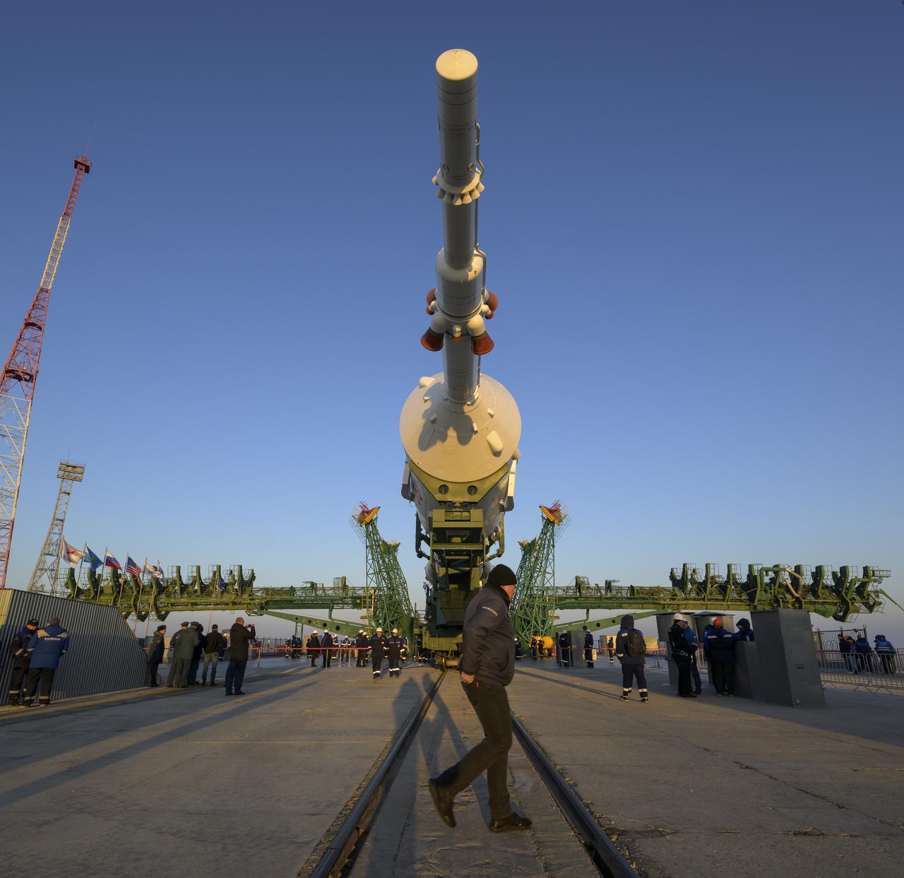 The Soyuz rocket is prepared to be raised vertical, Monday, Nov. 24, 2025, at site 31 launch pad of the Baikonur Cosmodrome in Kazakhstan. Expedition 74 crewmembers: NASA astronaut Chris Williams, Roscosmos cosmonauts Sergey Kud-Sverchkov and Sergey Mikaev are scheduled to launch aboard their Soyuz MS-28 spacecraft on November 27. Photo Credit: (NASA/Bill Ingalls)