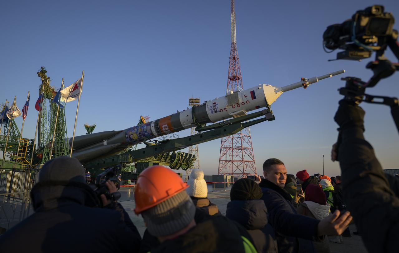 The Soyuz rocket is raised vertical, Monday, Nov. 24, 2025, at site 31 launch pad of the Baikonur Cosmodrome in Kazakhstan. Expedition 74 crewmembers: NASA astronaut Chris Williams, Roscosmos cosmonauts Sergey Kud-Sverchkov and Sergey Mikaev are scheduled to launch aboard their Soyuz MS-28 spacecraft on November 27. Photo Credit: (NASA/Bill Ingalls)