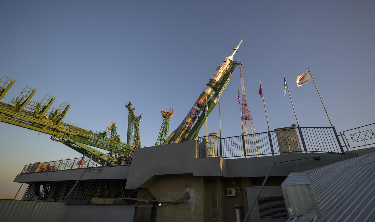 The Soyuz rocket is raised vertical, Monday, Nov. 24, 2025, at site 31 launch pad of the Baikonur Cosmodrome in Kazakhstan. Expedition 74 crewmembers: NASA astronaut Chris Williams, Roscosmos cosmonauts Sergey Kud-Sverchkov and Sergey Mikaev are scheduled to launch aboard their Soyuz MS-28 spacecraft on November 27. Photo Credit: (NASA/Bill Ingalls)