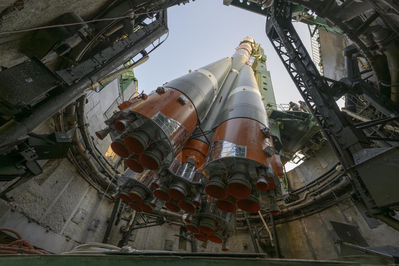 The Soyuz rocket is raised vertical, Monday, Nov. 24, 2025, at site 31 launch pad of the Baikonur Cosmodrome in Kazakhstan. Expedition 74 crewmembers: NASA astronaut Chris Williams, Roscosmos cosmonauts Sergey Kud-Sverchkov and Sergey Mikaev are scheduled to launch aboard their Soyuz MS-28 spacecraft on November 27. Photo Credit: (NASA/Bill Ingalls)