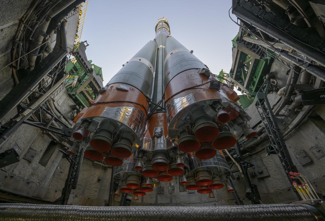 The Soyuz rocket is raised vertical, Monday, Nov. 24, 2025, at site 31 launch pad of the Baikonur Cosmodrome in Kazakhstan. Expedition 74 crewmembers: NASA astronaut Chris Williams, Roscosmos cosmonauts Sergey Kud-Sverchkov and Sergey Mikaev are scheduled to launch aboard their Soyuz MS-28 spacecraft on November 27. Photo Credit: (NASA/Bill Ingalls)