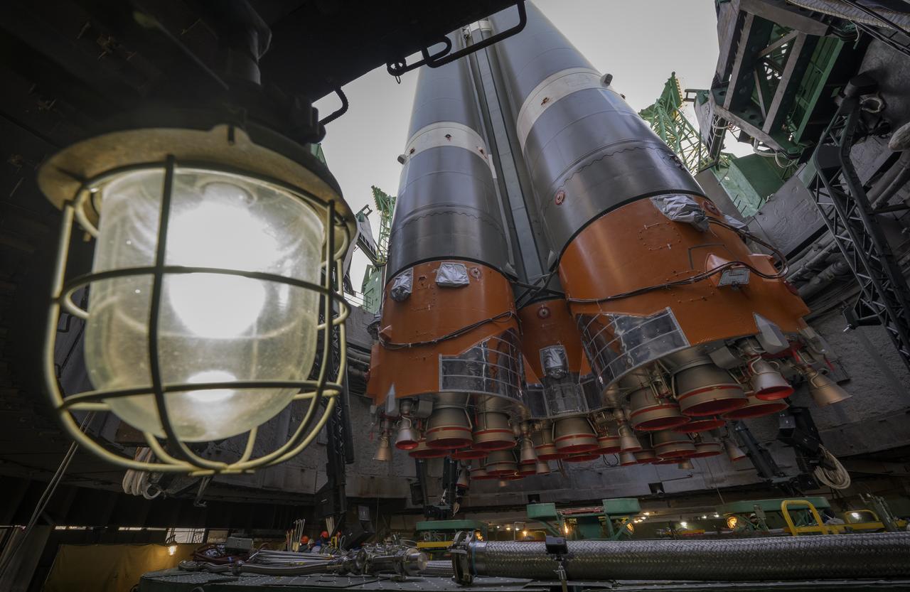 The Soyuz rocket is raised vertical, Monday, Nov. 24, 2025, at site 31 launch pad of the Baikonur Cosmodrome in Kazakhstan. Expedition 74 crewmembers: NASA astronaut Chris Williams, Roscosmos cosmonauts Sergey Kud-Sverchkov and Sergey Mikaev are scheduled to launch aboard their Soyuz MS-28 spacecraft on November 27. Photo Credit: (NASA/Bill Ingalls)
