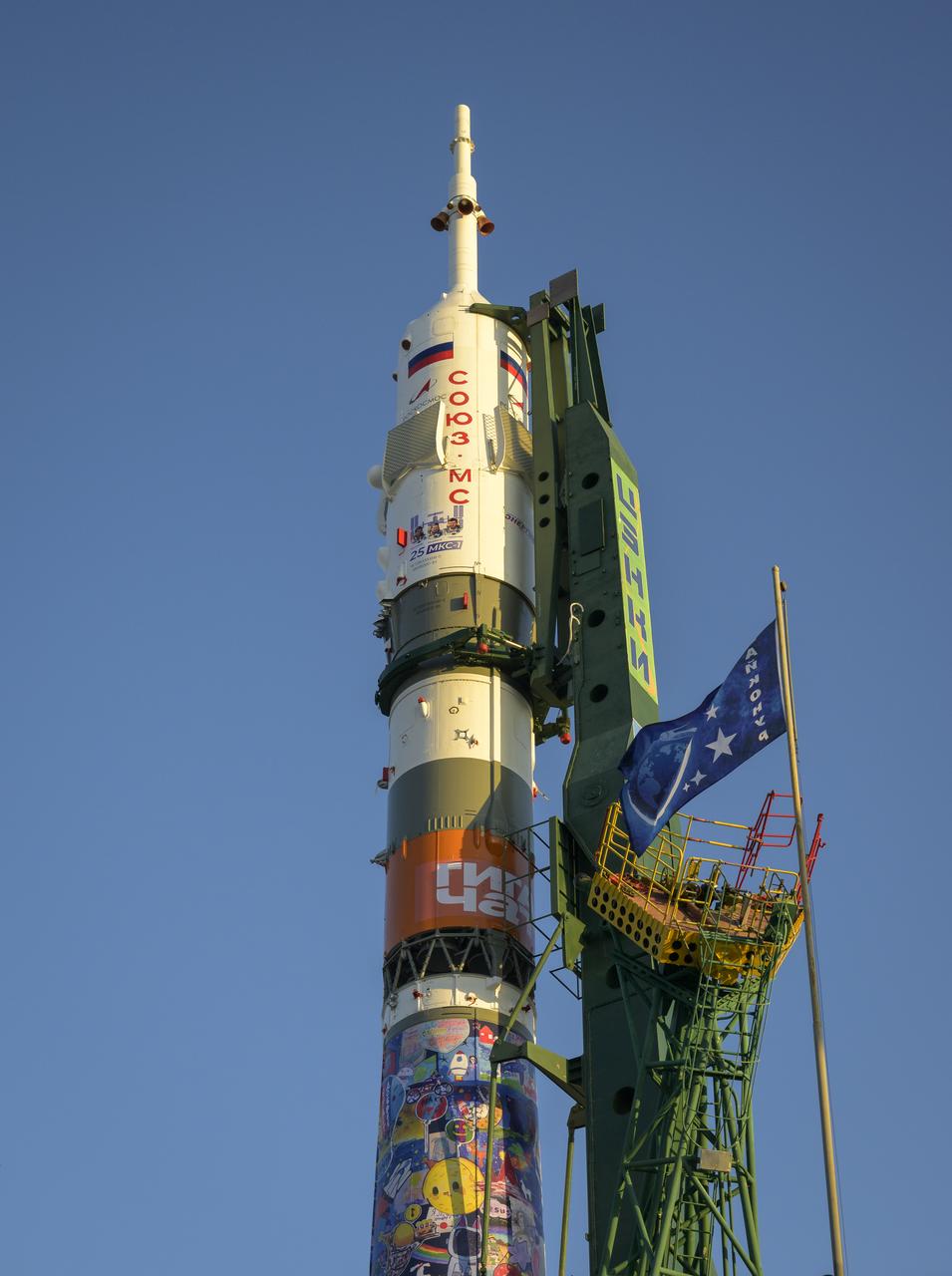 The Soyuz rocket is raised vertical, Monday, Nov. 24, 2025, at site 31 launch pad of the Baikonur Cosmodrome in Kazakhstan. Expedition 74 crewmembers: NASA astronaut Chris Williams, Roscosmos cosmonauts Sergey Kud-Sverchkov and Sergey Mikaev are scheduled to launch aboard their Soyuz MS-28 spacecraft on November 27. Photo Credit: (NASA/Bill Ingalls)