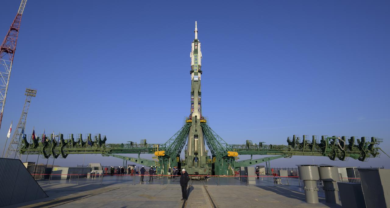 The Soyuz rocket is raised vertical, Monday, Nov. 24, 2025, at site 31 launch pad of the Baikonur Cosmodrome in Kazakhstan. Expedition 74 crewmembers: NASA astronaut Chris Williams, Roscosmos cosmonauts Sergey Kud-Sverchkov and Sergey Mikaev are scheduled to launch aboard their Soyuz MS-28 spacecraft on November 27. Photo Credit: (NASA/Bill Ingalls)