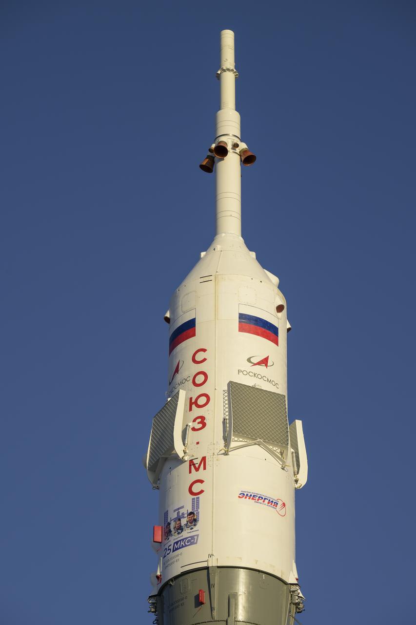The Soyuz rocket is raised vertical, Monday, Nov. 24, 2025, at site 31 launch pad of the Baikonur Cosmodrome in Kazakhstan. Expedition 74 crewmembers: NASA astronaut Chris Williams, Roscosmos cosmonauts Sergey Kud-Sverchkov and Sergey Mikaev are scheduled to launch aboard their Soyuz MS-28 spacecraft on November 27. Photo Credit: (NASA/Bill Ingalls)
