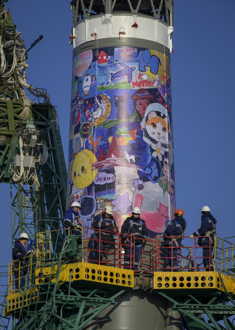 The Soyuz rocket is raised vertical, Monday, Nov. 24, 2025, at site 31 launch pad of the Baikonur Cosmodrome in Kazakhstan. Expedition 74 crewmembers: NASA astronaut Chris Williams, Roscosmos cosmonauts Sergey Kud-Sverchkov and Sergey Mikaev are scheduled to launch aboard their Soyuz MS-28 spacecraft on November 27. Photo Credit: (NASA/Bill Ingalls)