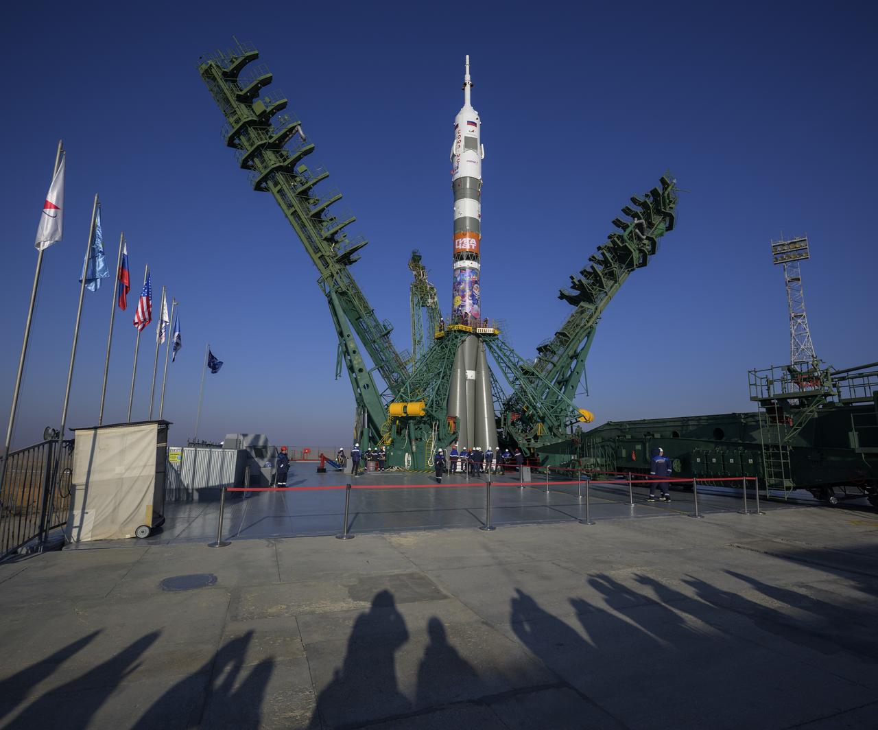 The Soyuz rocket service structure is raised, Monday, Nov. 24, 2025, at site 31 launch pad of the Baikonur Cosmodrome in Kazakhstan. Expedition 74 crewmembers: NASA astronaut Chris Williams, Roscosmos cosmonauts Sergey Kud-Sverchkov and Sergey Mikaev are scheduled to launch aboard their Soyuz MS-28 spacecraft on November 27. Photo Credit: (NASA/Bill Ingalls)