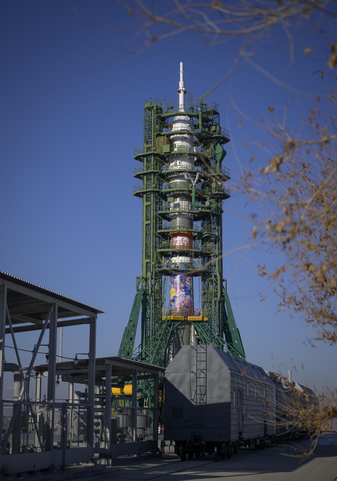 The Soyuz rocket is seen at the launch pad, Wednesday, Nov. 26, 2025 in Baikonur, Kazakhstan. Expedition 74 crewmembers: NASA astronaut Chris Williams, Roscosmos cosmonauts Sergey Kud-Sverchkov and Sergei Mikaev, are scheduled to launch aboard their Soyuz MS-28 spacecraft on November 27. Photo Credit: (NASA/Bill Ingalls)