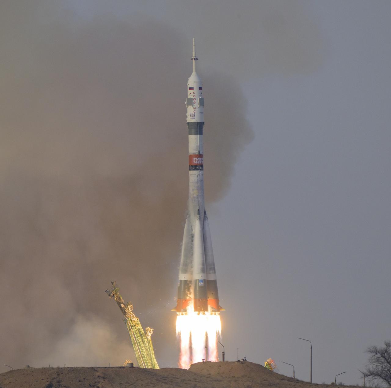 The Soyuz rocket launches to the International Space Station with Expedition 74 crew members: NASA astronaut Chris Williams, Roscosmos cosmonauts Sergey Kud-Sverchkov and Sergei Mikaev, onboard, Thursday, Nov. 27, 2025, at the Baikonur Cosmodrome in Kazakhstan. Photo Credit: (NASA/Bill Ingalls)