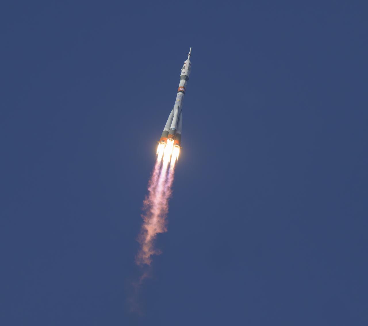 The Soyuz rocket launches to the International Space Station with Expedition 74 crew members: NASA astronaut Chris Williams, Roscosmos cosmonauts Sergey Kud-Sverchkov and Sergei Mikaev, onboard, Thursday, Nov. 27, 2025, at the Baikonur Cosmodrome in Kazakhstan. Photo Credit: (NASA/Bill Ingalls)