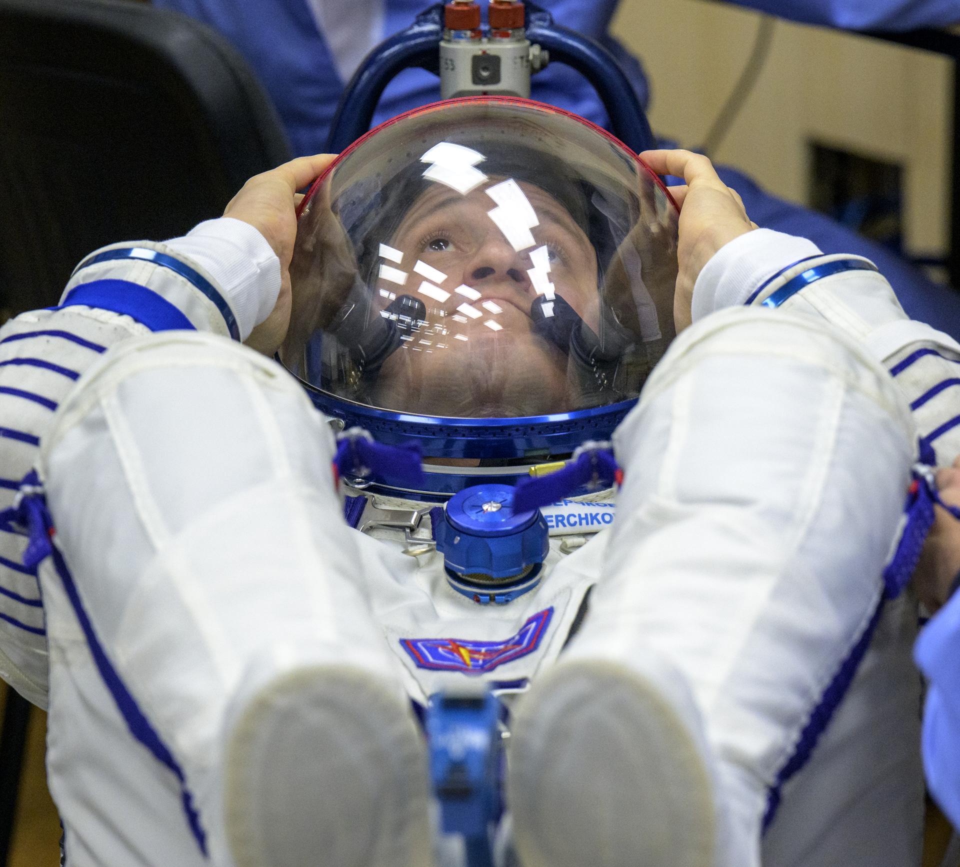 Roscosmos cosmonaut Sergey Kud-Sverchkov has his Russian Sokol suit pressure checked ahead of his launch on the Soyuz Rocket  to the International Space Station with fellow crewmembers Roscosmos cosmonaut Sergei Mikaev, and NASA astronaut Chris Williams, Thursday, Nov. 27, 2025 in Baikonur, Kazakhstan. Photo Credit: (NASA/Bill Ingalls)