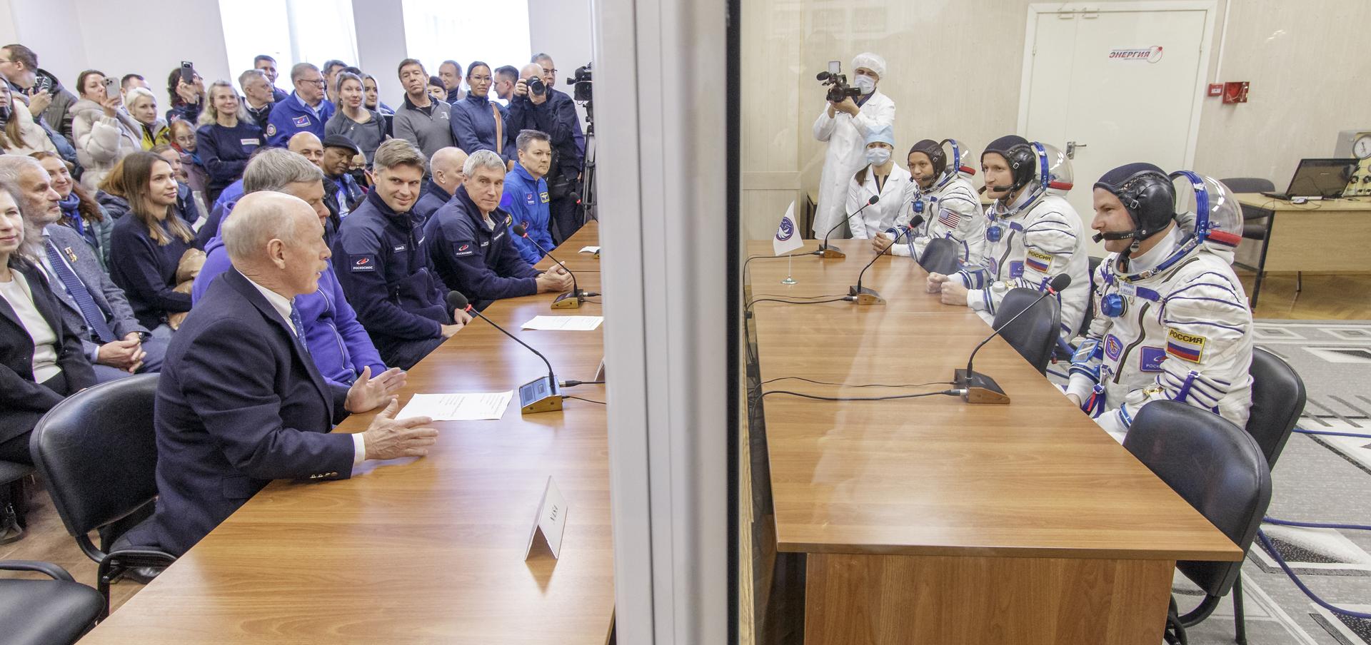 Roscosmos cosmonauts Sergei Mikaev, Sergey Kud-Sverchkov, and NASA astronaut Chris Williams, meet with NASA and Roscosmos management ahead of their Soyuz launch to the International Space Station Thursday, Nov. 27, 2025 in Baikonur, Kazakhstan. Photo Credit: (NASA/Victor Zelentsov)
