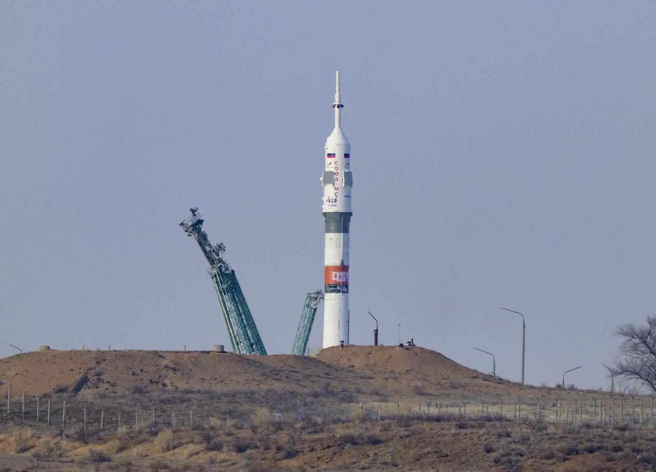 The Soyuz rocket is ready to launch to the International Space Station with Expedition 74 crew members: NASA astronaut Chris Williams, Roscosmos cosmonauts Sergey Kud-Sverchkov and Sergei Mikaev, onboard, Thursday, Nov. 27, 2025, at the Baikonur Cosmodrome in Kazakhstan. Photo Credit: (NASA/Bill Ingalls)
