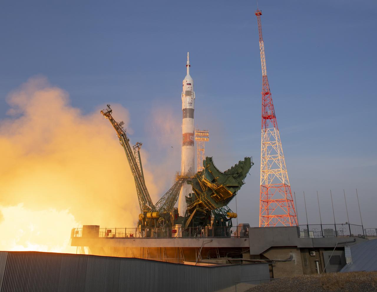 The Soyuz rocket launches to the International Space Station with Expedition 74 crew members: NASA astronaut Chris Williams, Roscosmos cosmonauts Sergey Kud-Sverchkov and Sergei Mikaev, onboard, Thursday, Nov. 27, 2025, at the Baikonur Cosmodrome in Kazakhstan. Photo Credit: (NASA/Bill Ingalls)