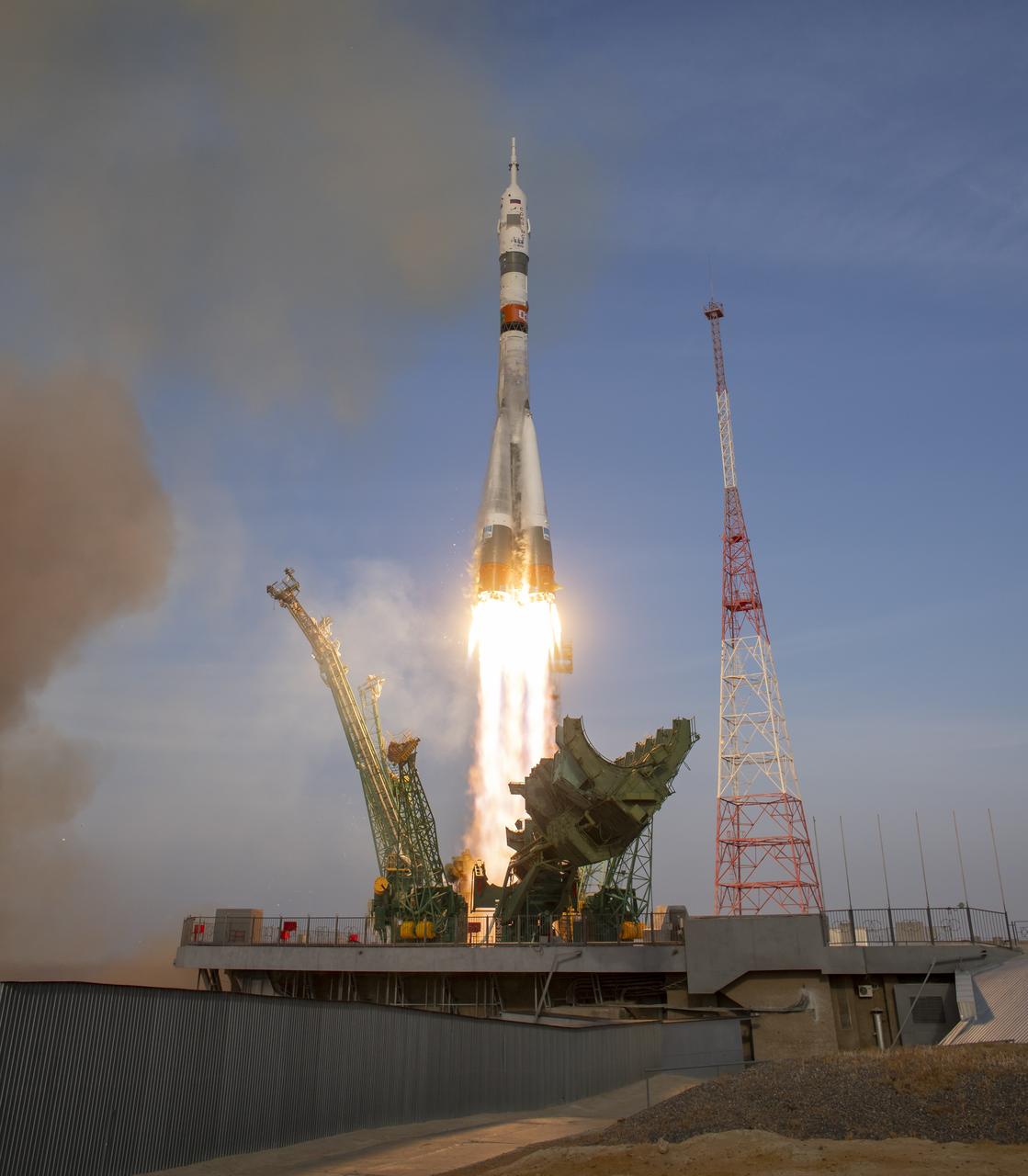 The Soyuz rocket launches to the International Space Station with Expedition 74 crew members: NASA astronaut Chris Williams, Roscosmos cosmonauts Sergey Kud-Sverchkov and Sergei Mikaev, onboard, Thursday, Nov. 27, 2025, at the Baikonur Cosmodrome in Kazakhstan. Photo Credit: (NASA/Bill Ingalls)