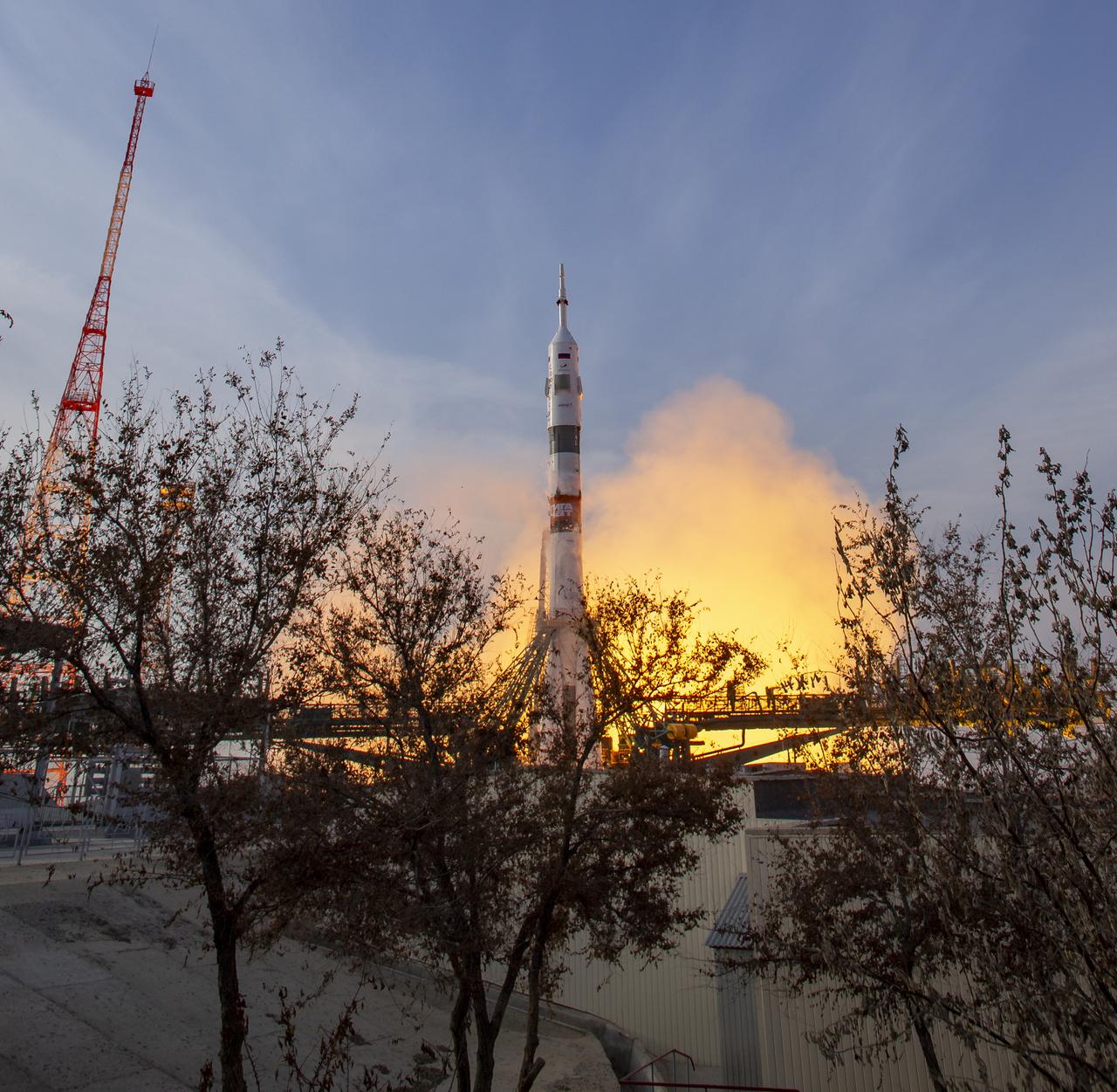 The Soyuz rocket launches to the International Space Station with Expedition 74 crew members: NASA astronaut Chris Williams, Roscosmos cosmonauts Sergey Kud-Sverchkov and Sergei Mikaev, onboard, Thursday, Nov. 27, 2025, at the Baikonur Cosmodrome in Kazakhstan. Photo Credit: (NASA/Bill Ingalls)
