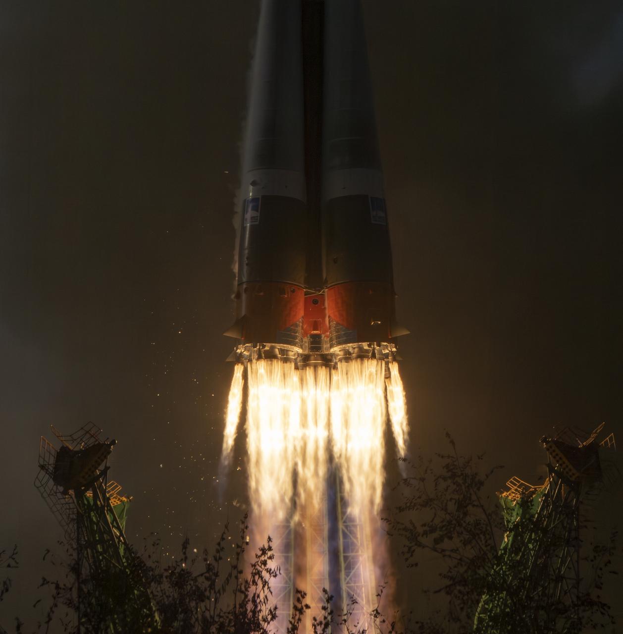 The Soyuz rocket launches to the International Space Station with Expedition 74 crew members: NASA astronaut Chris Williams, Roscosmos cosmonauts Sergey Kud-Sverchkov and Sergei Mikaev, onboard, Thursday, Nov. 27, 2025, at the Baikonur Cosmodrome in Kazakhstan. Photo Credit: (NASA/Bill Ingalls)