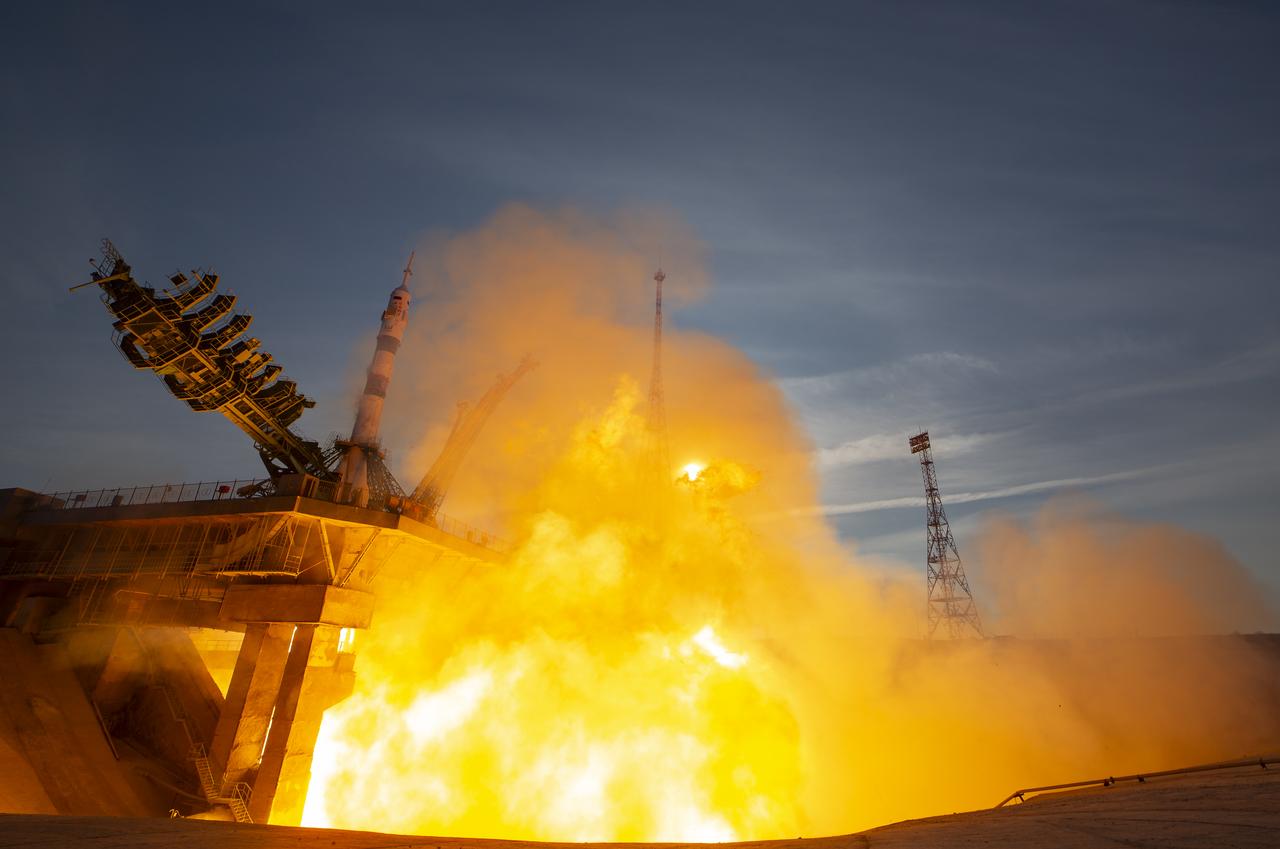 The Soyuz rocket launches to the International Space Station with Expedition 74 crew members: NASA astronaut Chris Williams, Roscosmos cosmonauts Sergey Kud-Sverchkov and Sergei Mikaev, onboard, Thursday, Nov. 27, 2025, at the Baikonur Cosmodrome in Kazakhstan. Photo Credit: (NASA/Bill Ingalls)