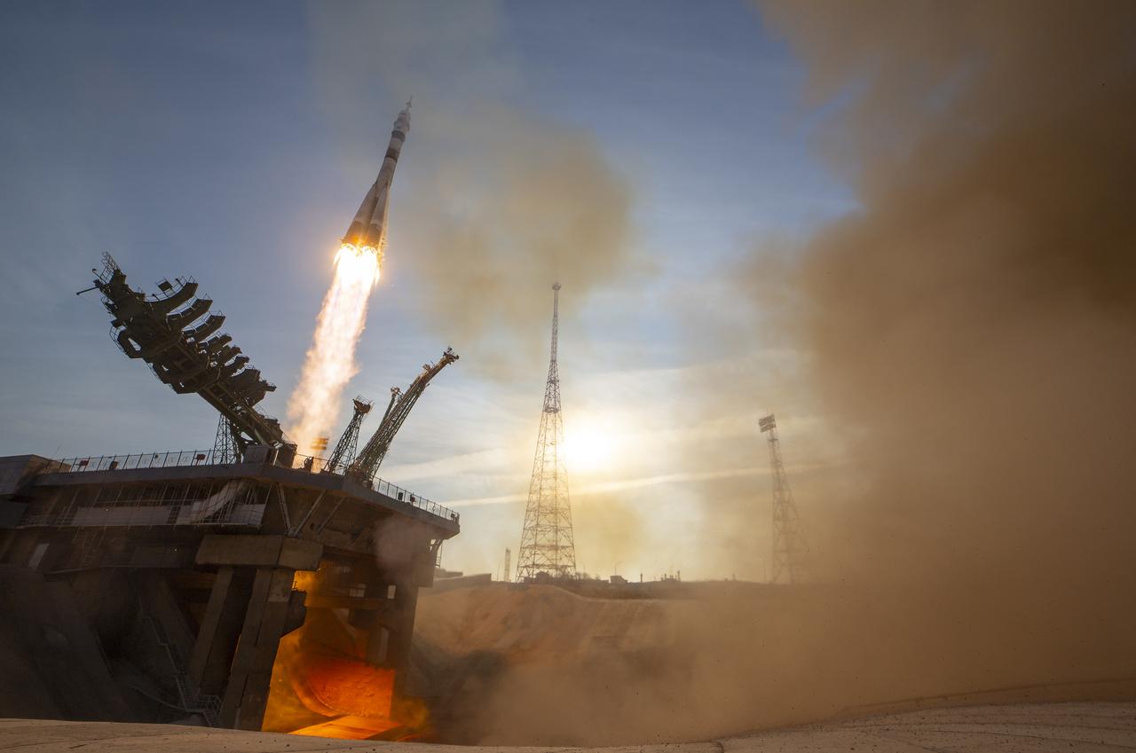 The Soyuz rocket launches to the International Space Station with Expedition 74 crew members: NASA astronaut Chris Williams, Roscosmos cosmonauts Sergey Kud-Sverchkov and Sergei Mikaev, onboard, Thursday, Nov. 27, 2025, at the Baikonur Cosmodrome in Kazakhstan. Photo Credit: (NASA/Bill Ingalls)