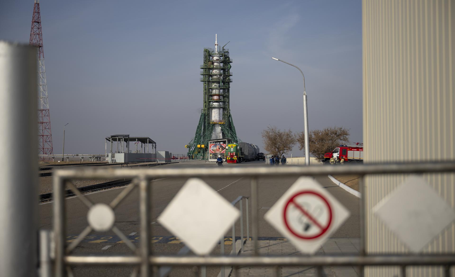The Soyuz MS-28 rocket sits ready for launch for launch, Thursday, Nov. 27, 2025 at the Baikonur Cosmodrome in Kazakhstan. Launch of the Soyuz rocket will send Expedition 74 crew members: NASA astronaut Chris Williams, Roscosmos cosmonauts Sergey Kud-Sverchkov, and Sergei Mikaev, on a mission to the International Space Station. Photo Credit: (NASA/Bill Ingalls)