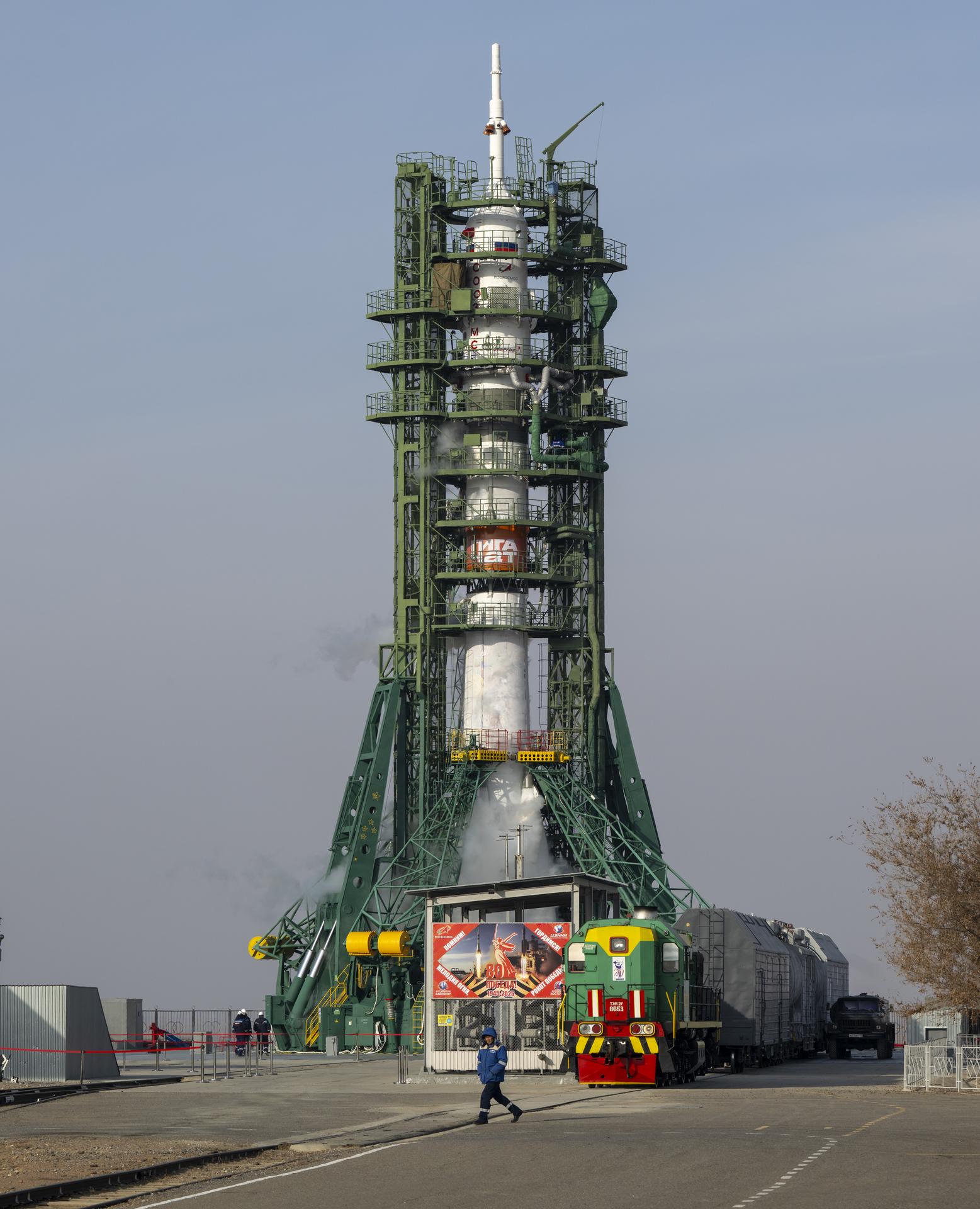 The Soyuz MS-28 rocket sits ready for launch for launch, Thursday, Nov. 27, 2025 at the Baikonur Cosmodrome in Kazakhstan. Launch of the Soyuz rocket will send Expedition 74 crew members: NASA astronaut Chris Williams, Roscosmos cosmonauts Sergey Kud-Sverchkov, and Sergei Mikaev, on a mission to the International Space Station. Photo Credit: (NASA/Bill Ingalls)