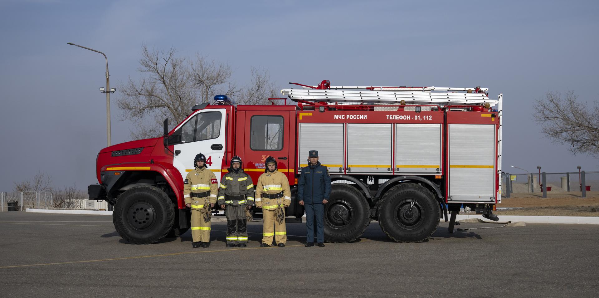 Fire crews monitor the Soyuz MS-28 rocket as it sits ready for launch for launch, Thursday, Nov. 27, 2025 at the Baikonur Cosmodrome in Kazakhstan. Launch of the Soyuz rocket will send Expedition 74 crew members: NASA astronaut Chris Williams, Roscosmos cosmonauts Sergey Kud-Sverchkov, and Sergei Mikaev, on a mission to the International Space Station. Photo Credit: (NASA/Bill Ingalls)