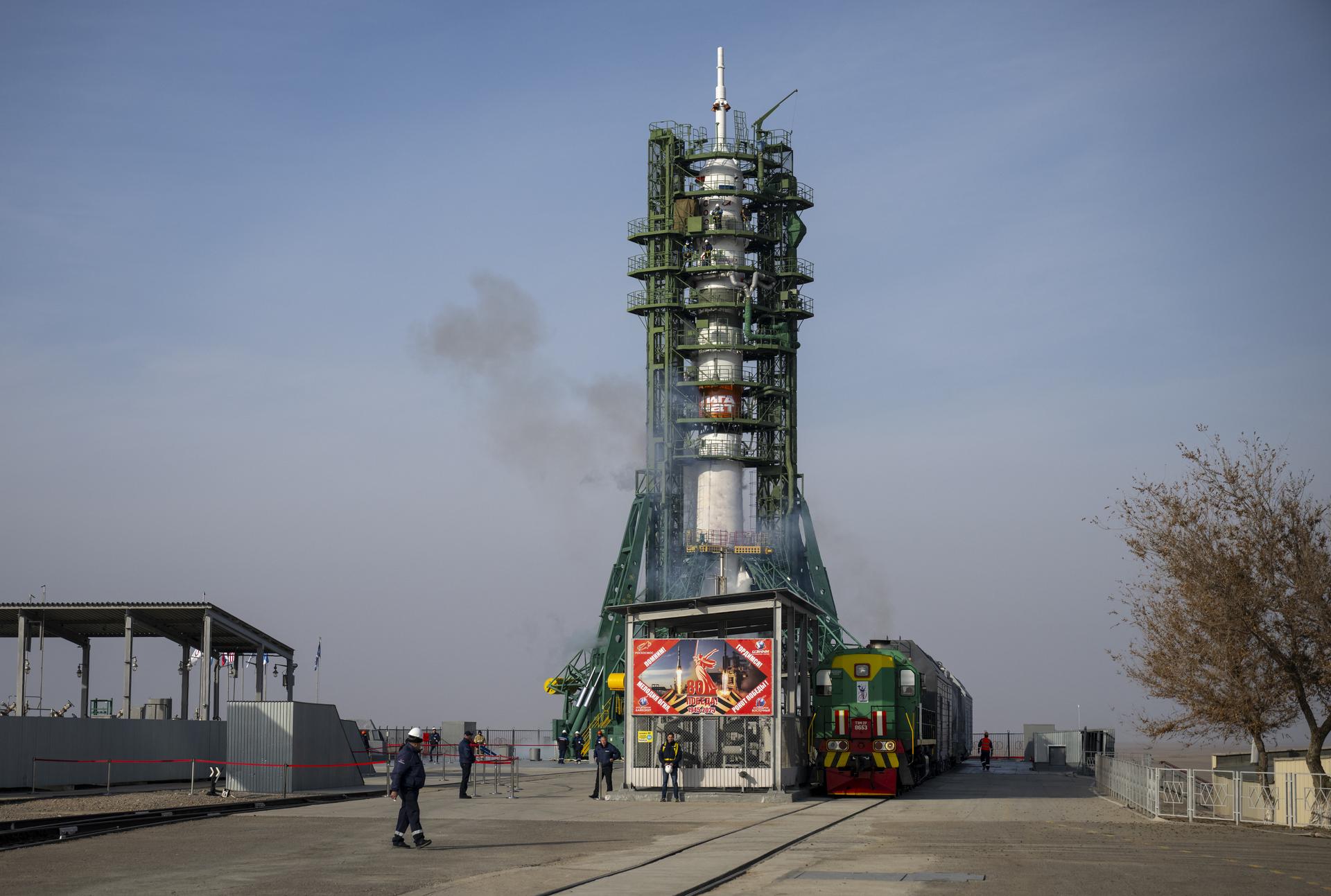 The Soyuz MS-28 rocket sits ready for launch for launch, Thursday, Nov. 27, 2025 at the Baikonur Cosmodrome in Kazakhstan. Launch of the Soyuz rocket will send Expedition 74 crew members: NASA astronaut Chris Williams, Roscosmos cosmonauts Sergey Kud-Sverchkov, and Sergei Mikaev, on a mission to the International Space Station. Photo Credit: (NASA/Bill Ingalls)