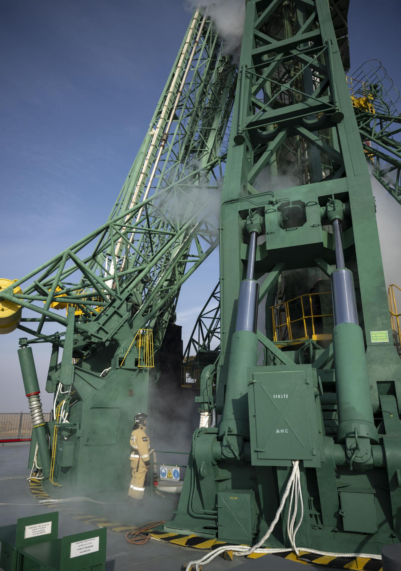 The Soyuz MS-28 rocket sits ready for launch for launch, Thursday, Nov. 27, 2025 at the Baikonur Cosmodrome in Kazakhstan. Launch of the Soyuz rocket will send Expedition 74 crew members: NASA astronaut Chris Williams, Roscosmos cosmonauts Sergey Kud-Sverchkov, and Sergei Mikaev, on a mission to the International Space Station. Photo Credit: (NASA/Bill Ingalls)
