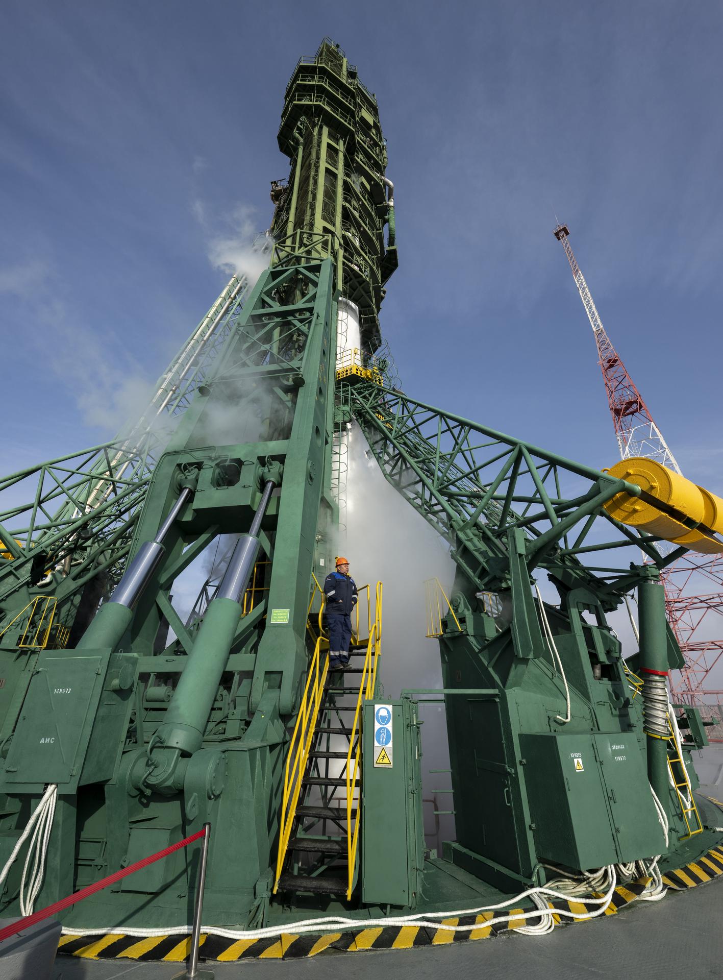 The Soyuz MS-28 rocket sits ready for launch for launch, Thursday, Nov. 27, 2025 at the Baikonur Cosmodrome in Kazakhstan. Launch of the Soyuz rocket will send Expedition 74 crew members: NASA astronaut Chris Williams, Roscosmos cosmonauts Sergey Kud-Sverchkov, and Sergei Mikaev, on a mission to the International Space Station. Photo Credit: (NASA/Bill Ingalls)