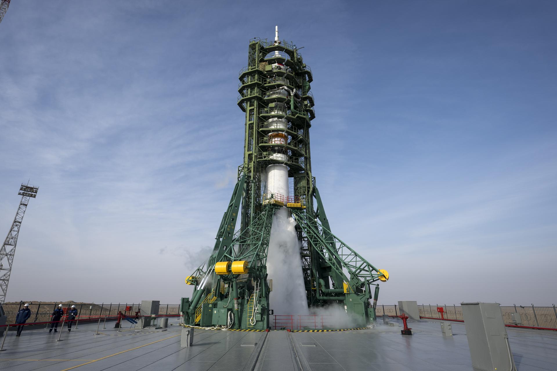 The Soyuz MS-28 rocket sits ready for launch for launch, Thursday, Nov. 27, 2025 at the Baikonur Cosmodrome in Kazakhstan. Launch of the Soyuz rocket will send Expedition 74 crew members: NASA astronaut Chris Williams, Roscosmos cosmonauts Sergey Kud-Sverchkov, and Sergei Mikaev, on a mission to the International Space Station. Photo Credit: (NASA/Bill Ingalls)