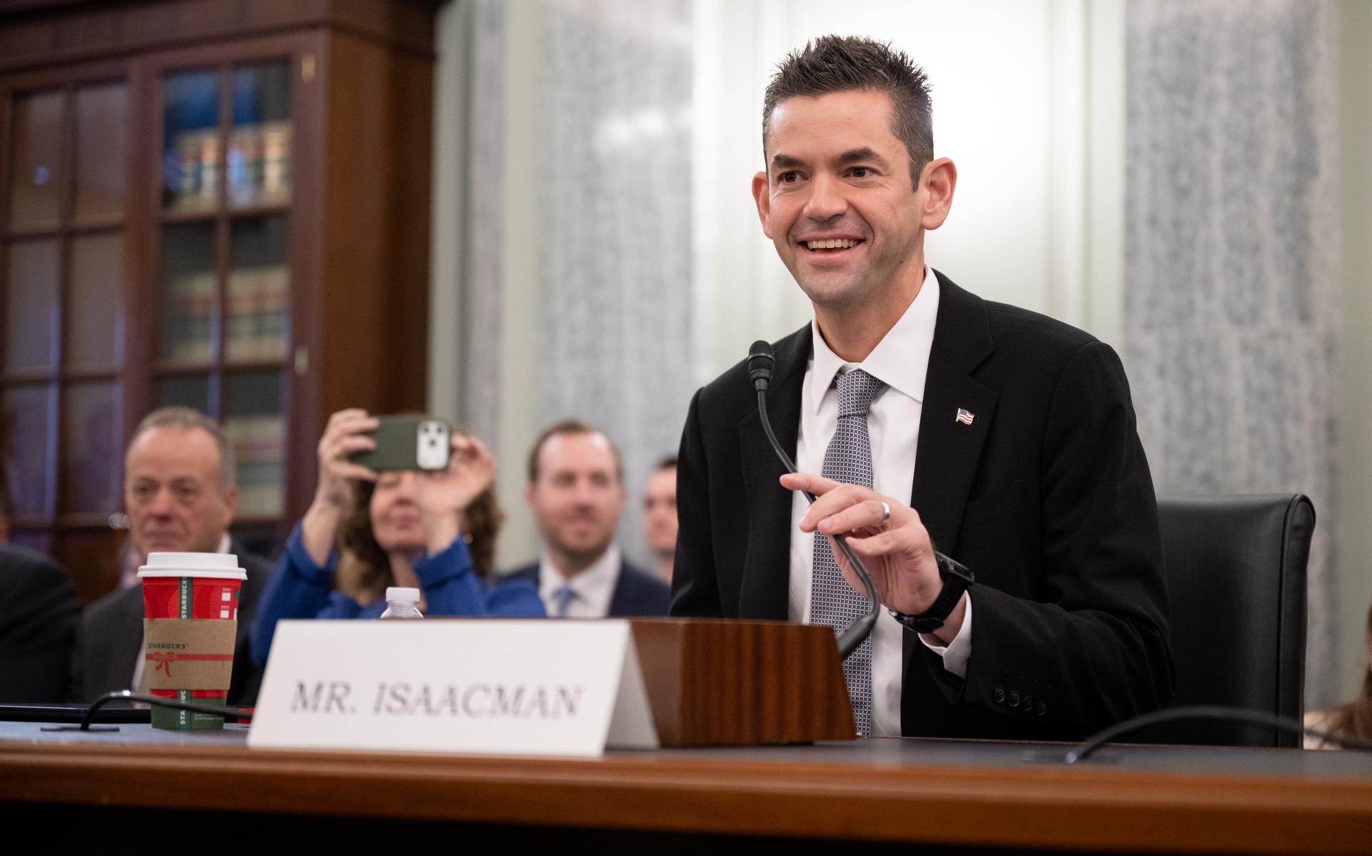 Jared Isaacman, President Donald Trump’s nominee to be the next administrator of NASA, appears before the Senate Committee on Commerce, Science, and Transportation, Wednesday, Dec. 3, 2025, at the Russell Senate Office Building in Washington.  Photo Credit: (NASA/Joel Kowsky)
