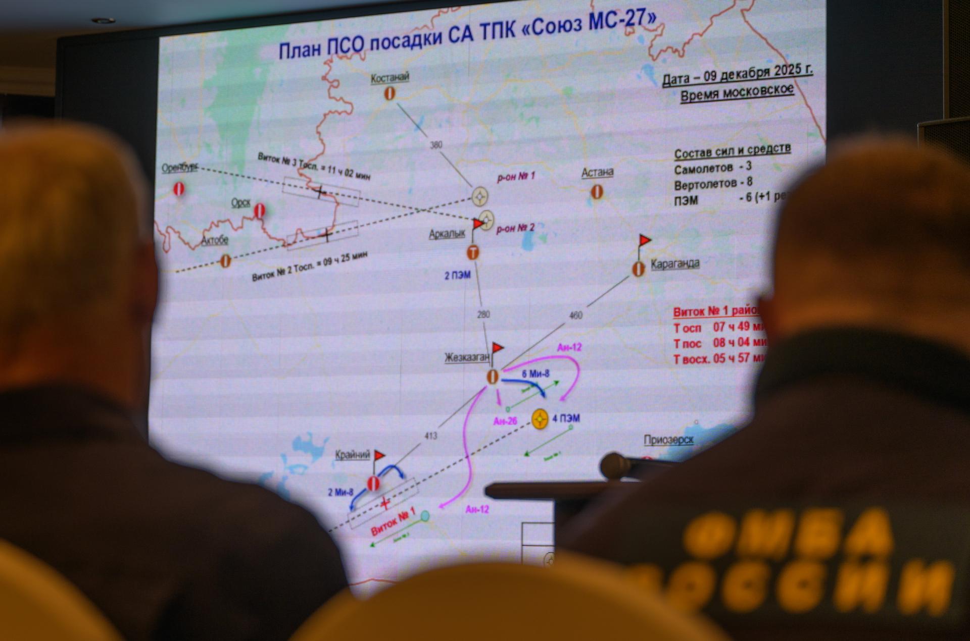NASA, Roscosmos, and Russian Search and Recovery Forces meet at the Cosmonaut Hotel in Karaganda, Kazakhstan, Sunday, Dec. 7, 2025, to discuss the readiness for the landing of Expedition 73 NASA astronaut Jonny Kim, and Roscosmos cosmonauts Sergey Ryzhikov, and Alexey Zubritsky. Photo Credit: (NASA/Bill Ingalls)