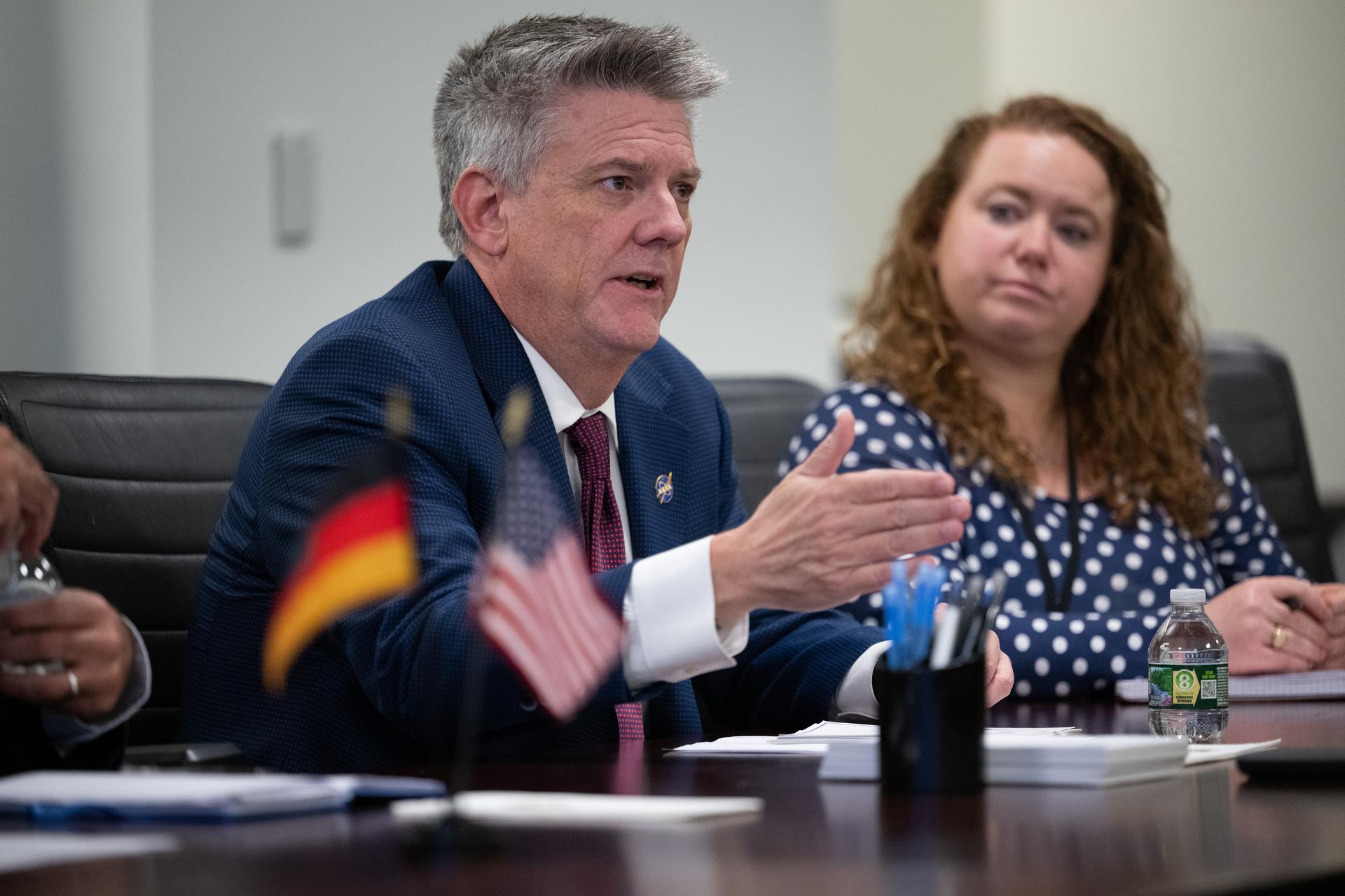 NASA Chief of Staff Brian Hughes is seen during a meeting with German Minister for Research, Technology, and Space Dorothee Bär, Tuesday, Dec. 9, 2025, at the Mary W. Jackson NASA Headquarters building in Washington. Photo Credit: (NASA/Joel Kowsky)