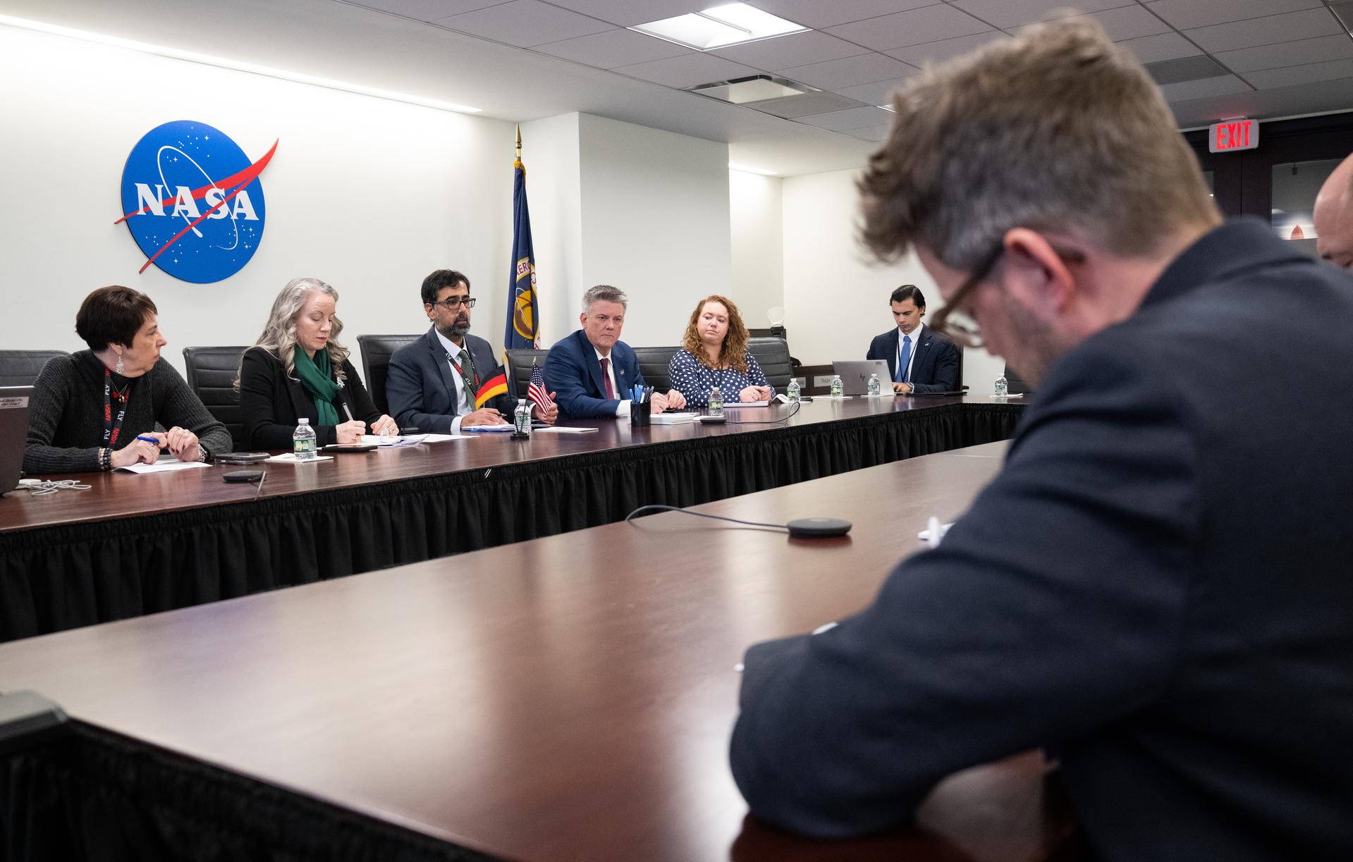 NASA Associate Administrator Amit Kshatriya, center, is seen alongside Nicola Fox, associate administrator for NASA’s Science Mission Directorate, left, Meredith McKay, acting associate administrator for NASA’s Office of International and Interagency Relations, NASA Chief of Staff Brian Hughes, and Kathleen Karika, senior advisor in NASA’s Office of International and Interagency Relations, during a meeting with German Minister for Research, Technology, and Space Dorothee Bär, Tuesday, Dec. 9, 2025, at the Mary W. Jackson NASA Headquarters building in Washington. Photo Credit: (NASA/Joel Kowsky)