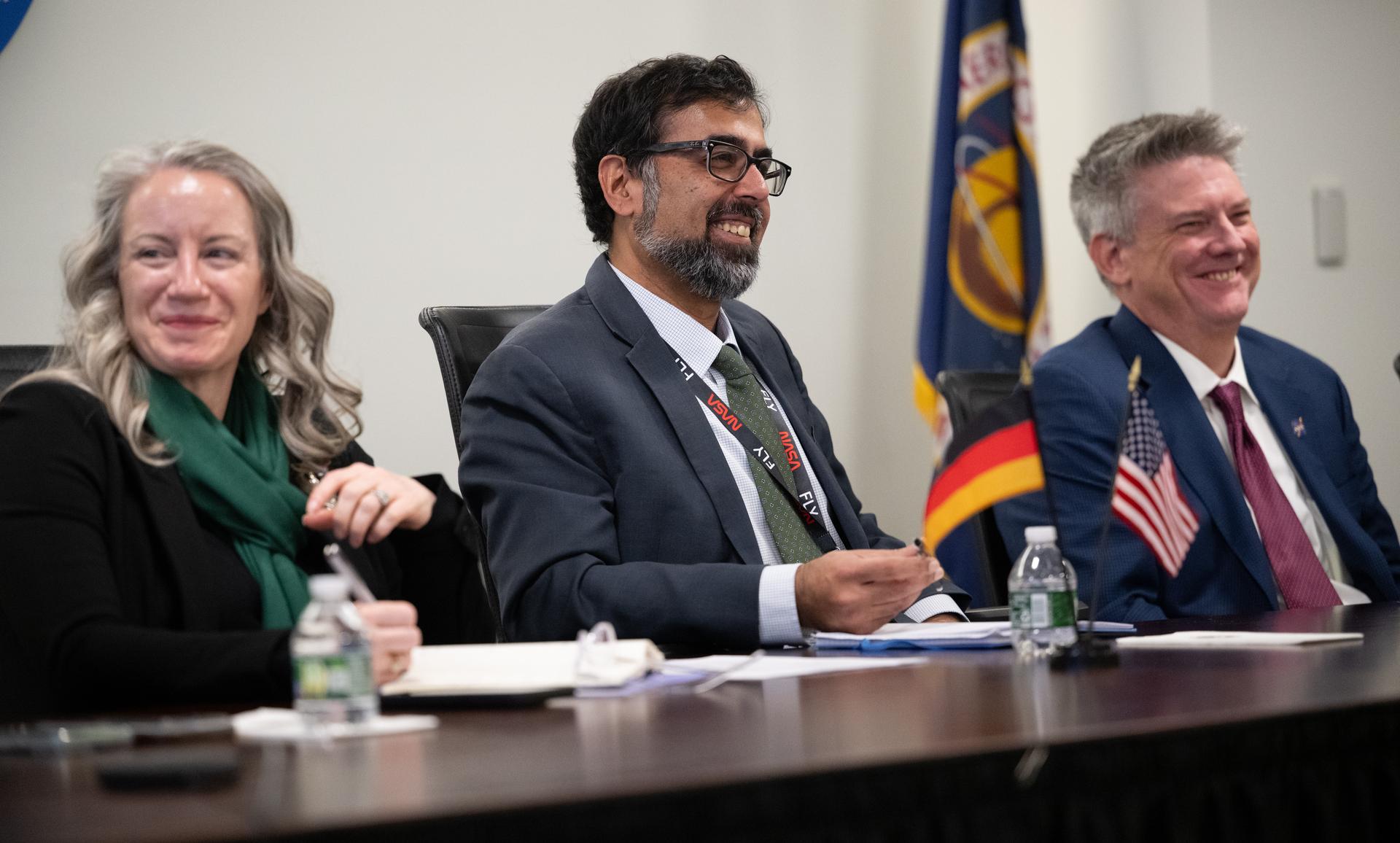 NASA Associate Administrator Amit Kshatriya, center, is seen along with Meredith McKay, acting associate administrator for NASA’s Office of International and Interagency Relations, left, and NASA Chief of Staff Brian Hughes, during a meeting with German Minister for Research, Technology, and Space Dorothee Bär, Tuesday, Dec. 9, 2025, at the Mary W. Jackson NASA Headquarters building in Washington. Photo Credit: (NASA/Joel Kowsky)