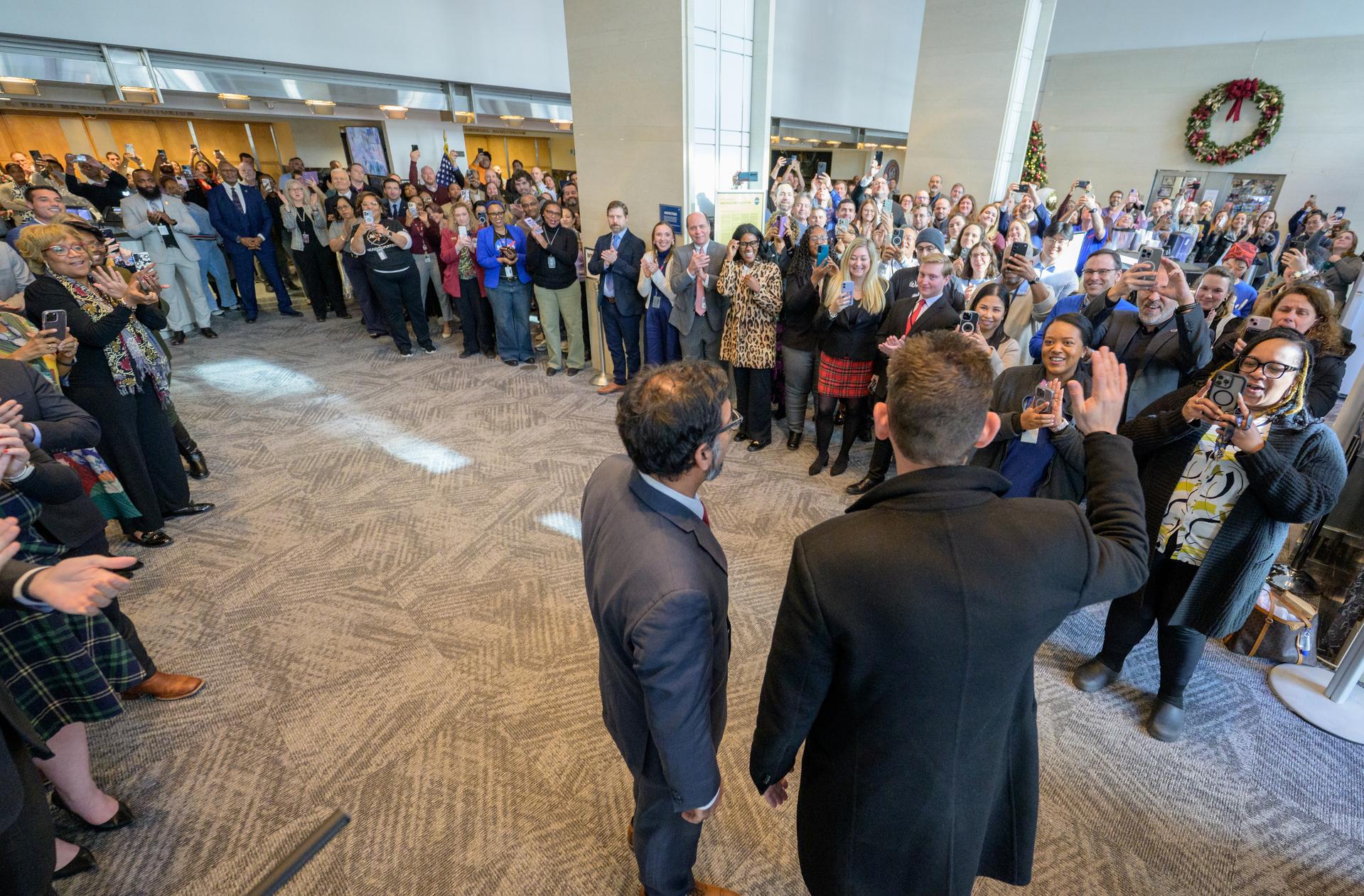 NASA Administrator Jared Isaacman is welcomed by NASA employees as he enters the Mary W. Jackson NASA Headquarters Building in Washington, Thursday, Dec. 18, 2025. Photo Credit: (NASA/Bill Ingalls)