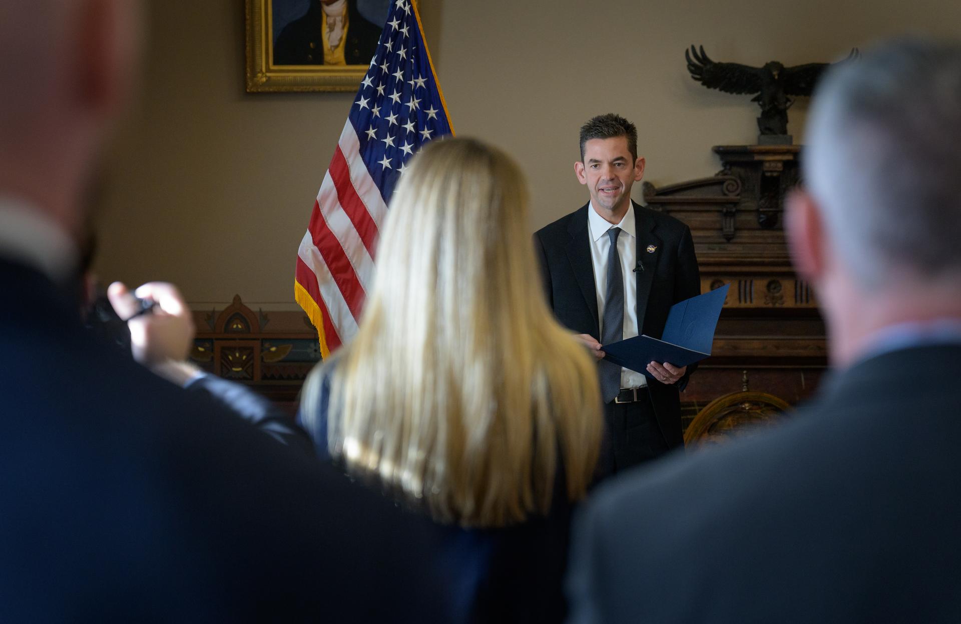Jared Isaacman gives remarks after having been officially sworn in as the 15th administrator of NASA, Thursday, Dec. 18, 2025, at the Eisenhower Executive Office Building in Washington. Photo Credit: (NASA/Bill Ingalls)