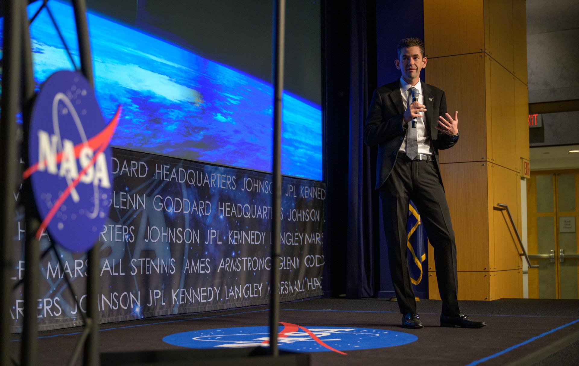 NASA Administrator Jared Isaacman speaks at an agency town hall a day after being sworn-in as the agency's 15th administrator, Friday, Dec. 19, 2025, at the Mary W. Jackson NASA Headquarters Building in Washington. Photo Credit: (NASA/Bill Ingalls)