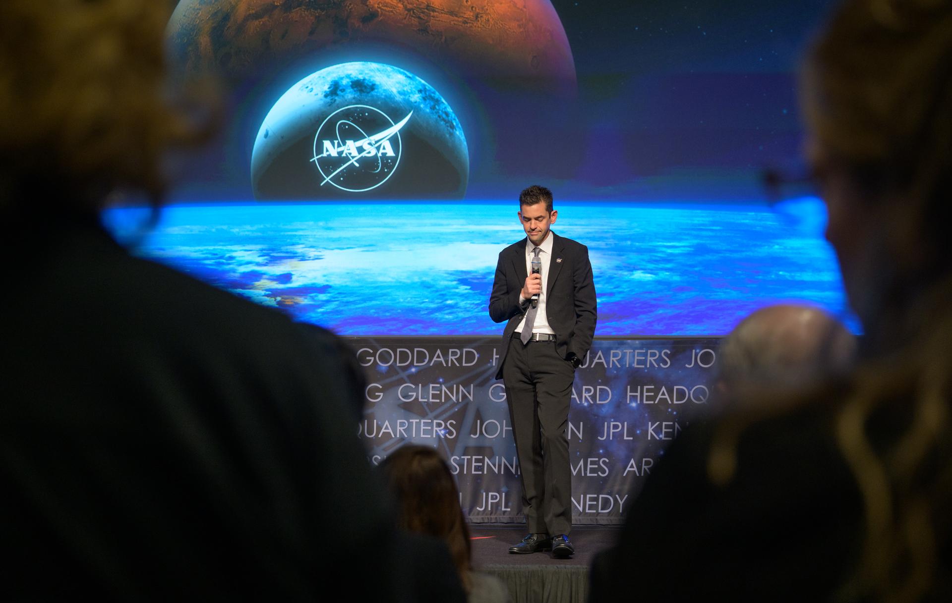 NASA Administrator Jared Isaacman listens to a question at an agency town hall a day after being sworn-in as the agency's 15th administrator, Friday, Dec. 19, 2025, at the Mary W. Jackson NASA Headquarters Building in Washington. Photo Credit: (NASA/Bill Ingalls)