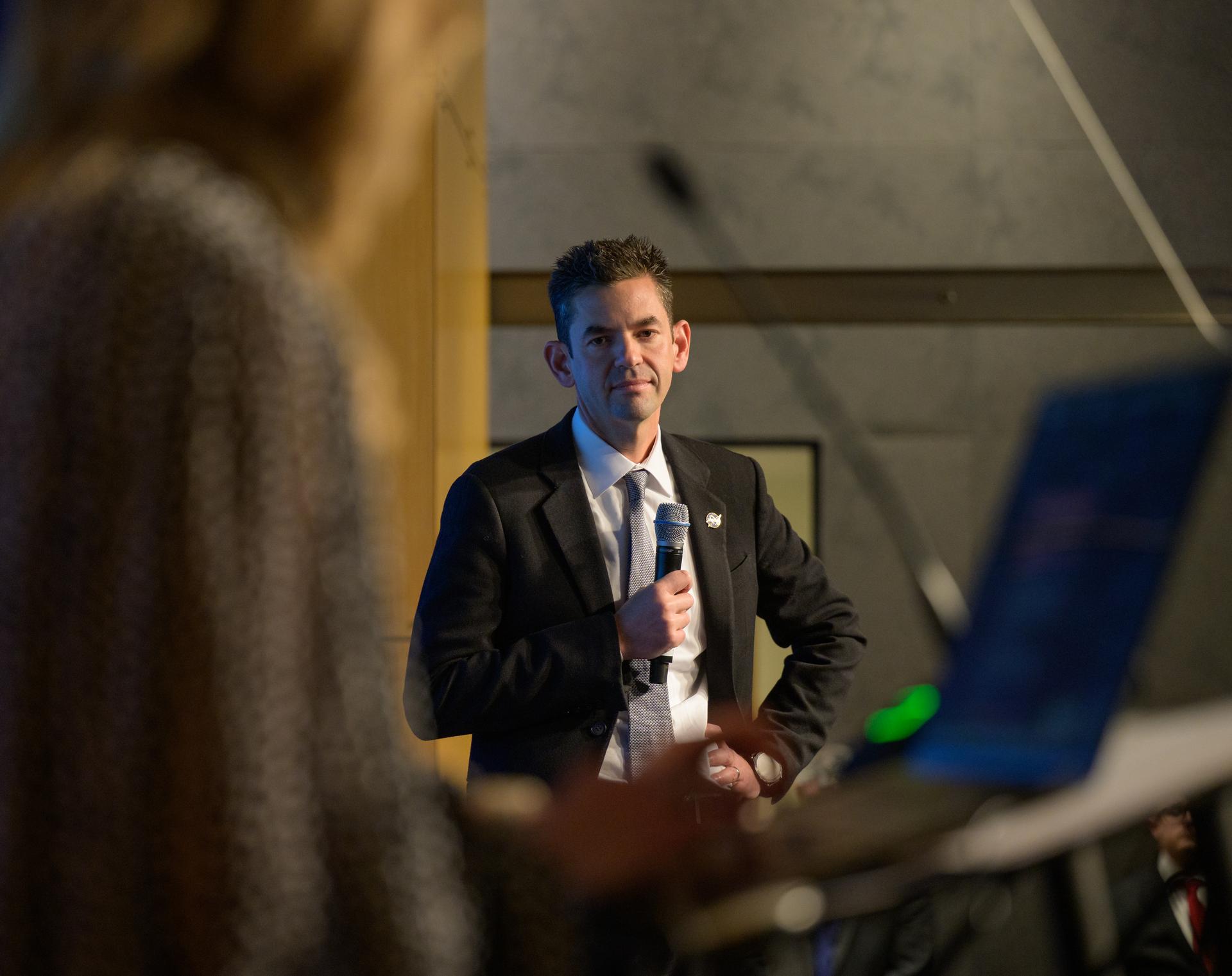 NASA Administrator Jared Isaacman listens to a question at an agency town hall a day after being sworn-in as the agency's 15th administrator, Friday, Dec. 19, 2025, at the Mary W. Jackson NASA Headquarters Building in Washington. Photo Credit: (NASA/Bill Ingalls)