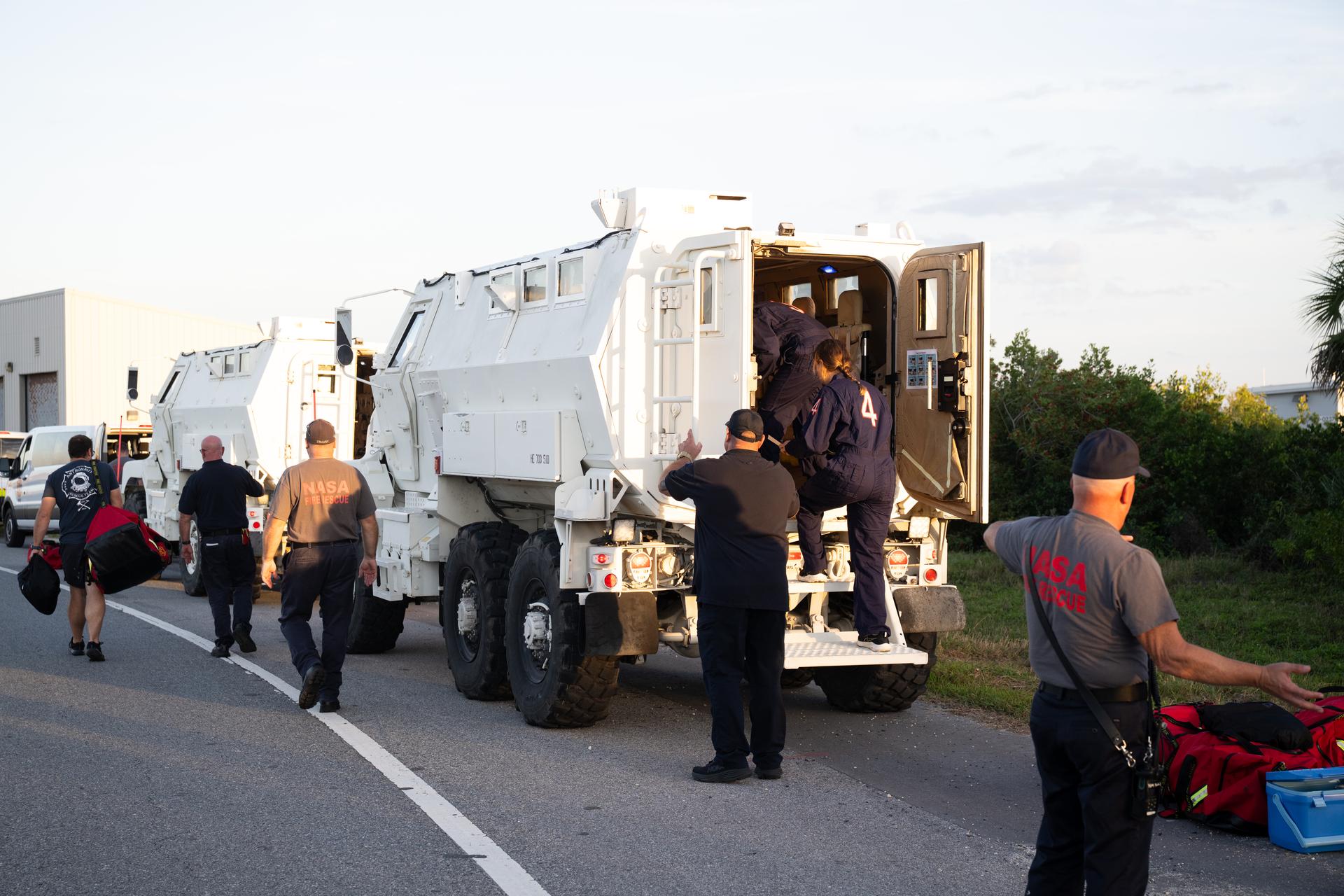 Teams at NASA's Kennedy Space Center in Florida practiced various emergency rescue training scenarios with the Artemis II crew, Friday, Dec. 19, 2025, ahead of the Artemis II mission. In the unlikely event of an emergency during launch countdown at Launch Complex 39B, personnel will be transported in mine-resistant ambush protected vehicles, or MRAPS, from the pad and to one of the triage site locations at Kennedy. Photo Credit: (NASA/Joel Kowsky)