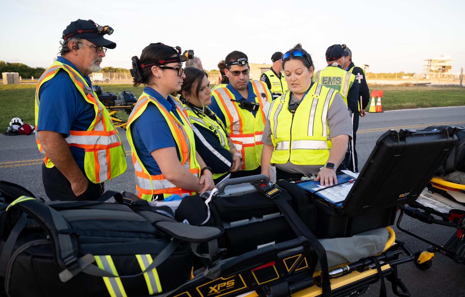 Teams at NASA's Kennedy Space Center in Florida practiced various emergency rescue training scenarios with the Artemis II crew, Friday, Dec. 19, 2025, ahead of the Artemis II mission. In the unlikely event of an emergency during launch countdown at Launch Complex 39B, personnel will be transported in mine-resistant ambush protected vehicles, or MRAPS, from the pad and to one of the triage site locations at Kennedy. Photo Credit: (NASA/Joel Kowsky)