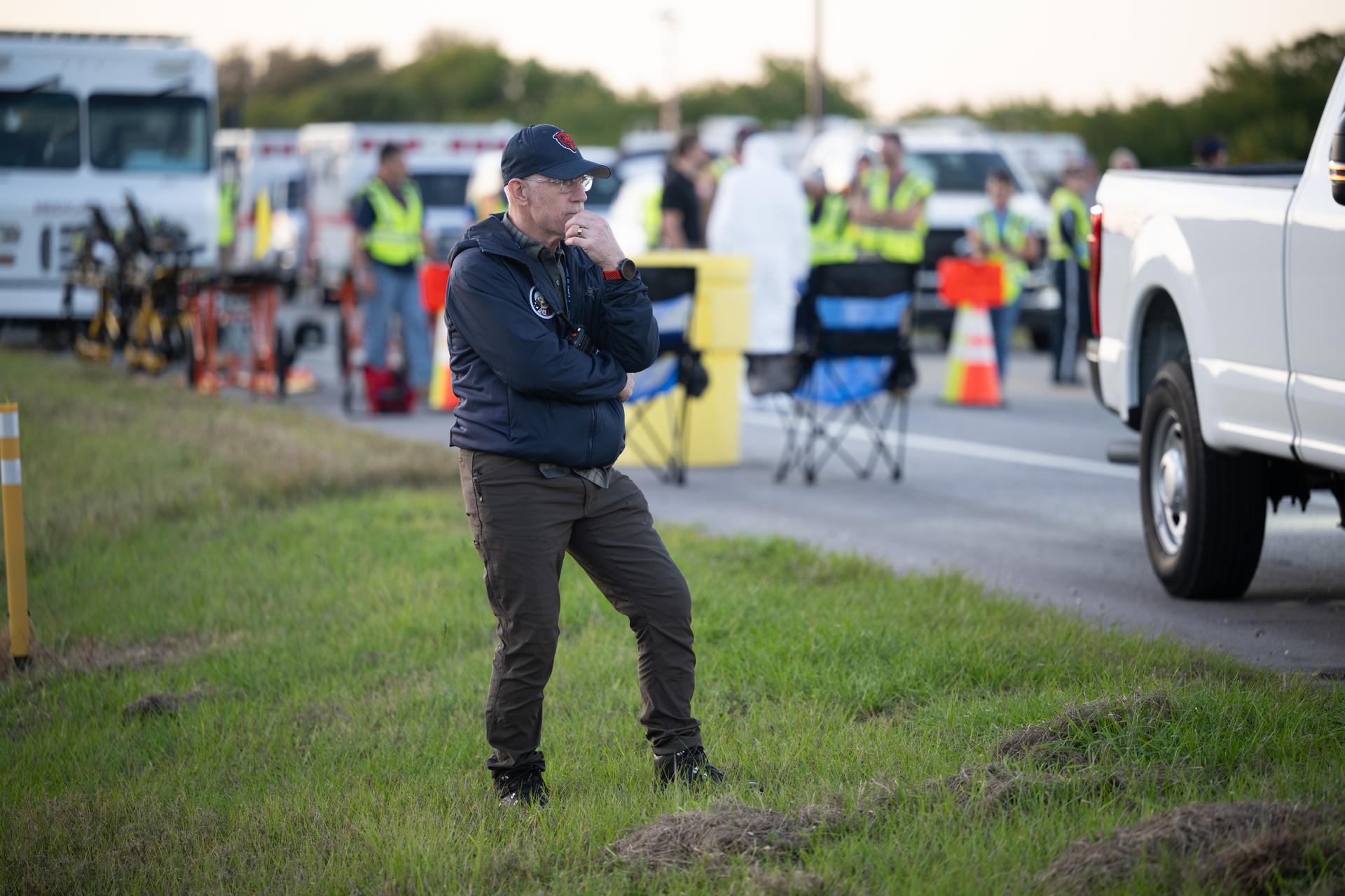 NASA Flight Surgeon Richard Scheuring watches as teams at NASA's Kennedy Space Center in Florida practiced various emergency rescue training scenarios with the Artemis II crew, Friday, Dec. 19, 2025, ahead of the Artemis II mission. In the unlikely event of an emergency during launch countdown at Launch Complex 39B, personnel will be transported in mine-resistant ambush protected vehicles, or MRAPS, from the pad and to one of the triage site locations at Kennedy. Photo Credit: (NASA/Joel Kowsky)