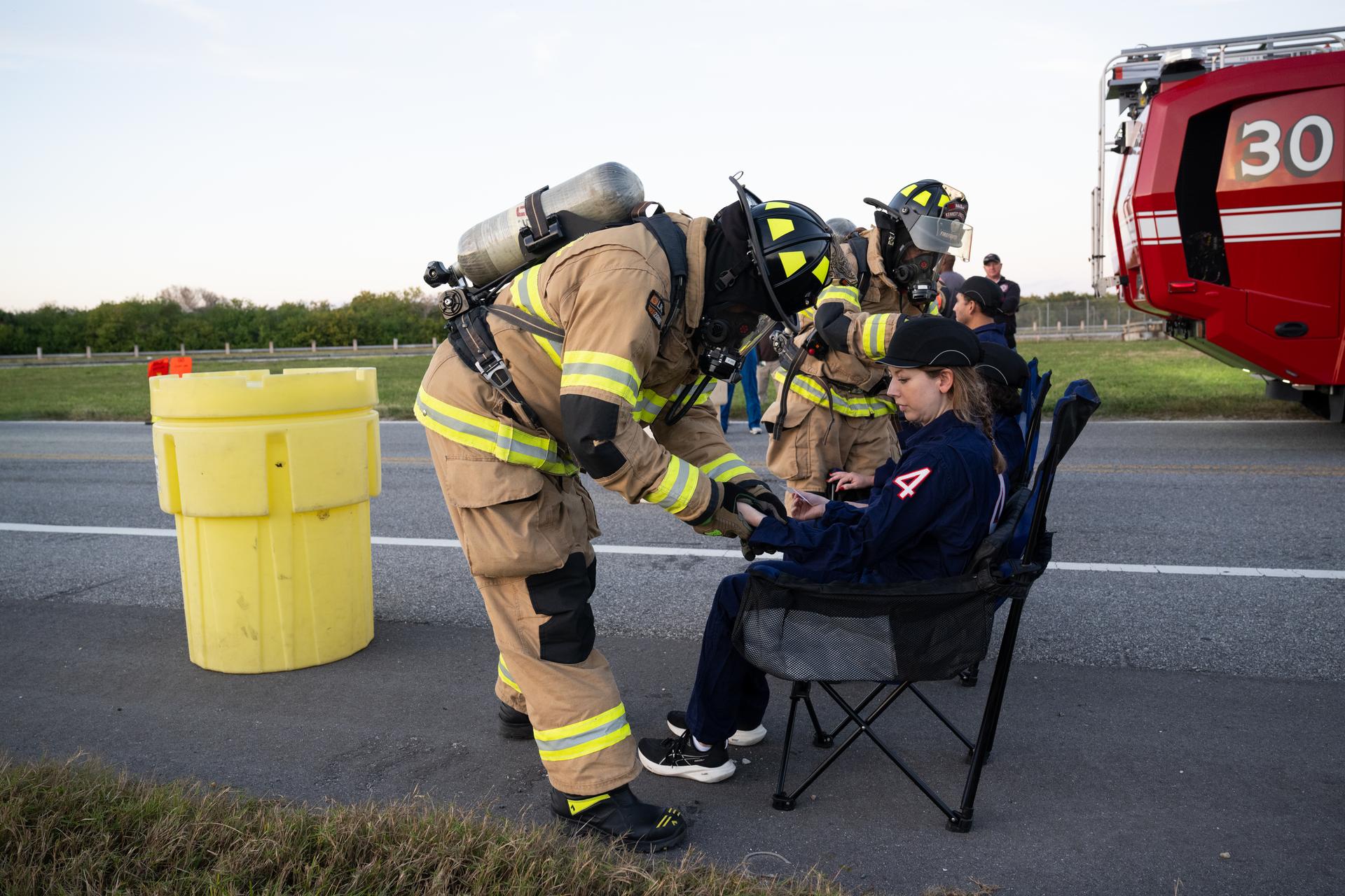 Teams at NASA's Kennedy Space Center in Florida practiced various emergency rescue training scenarios with the Artemis II crew, Friday, Dec. 19, 2025, ahead of the Artemis II mission. In the unlikely event of an emergency during launch countdown at Launch Complex 39B, personnel will be transported in mine-resistant ambush protected vehicles, or MRAPS, from the pad and to one of the triage site locations at Kennedy. Photo Credit: (NASA/Joel Kowsky)